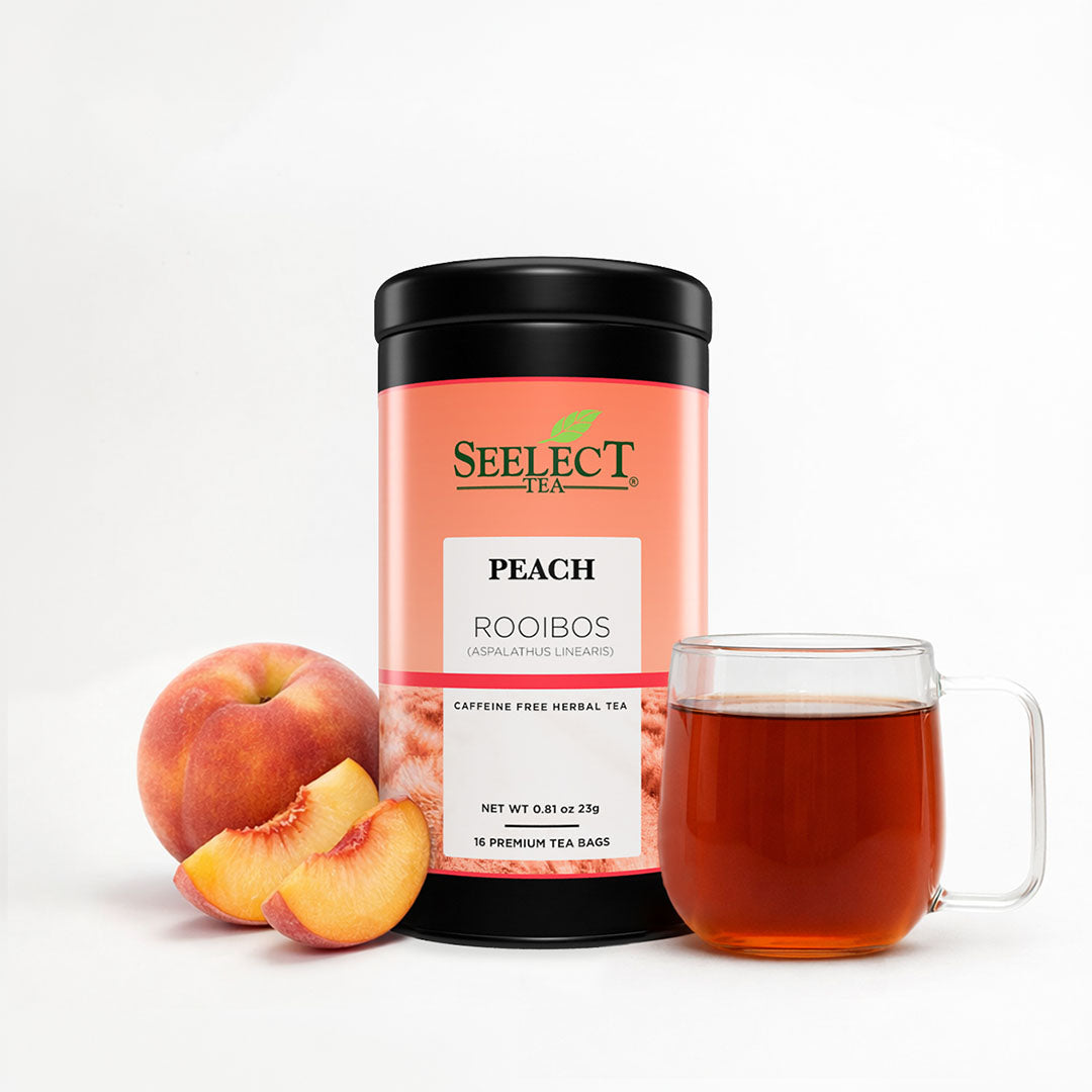 Seelect Tea Peach Rooibos with a peach, sliced peach, and a glass of tea on a white background