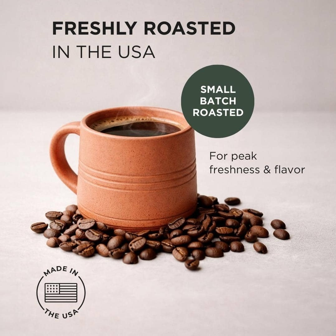 Ceramic mug with coffee and scattered coffee beans on a light background, emphasizing freshness and flavor.