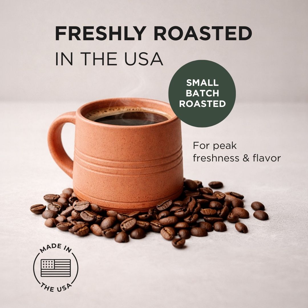 Ceramic mug with coffee and scattered coffee beans on a light background, emphasizing freshness and flavor.