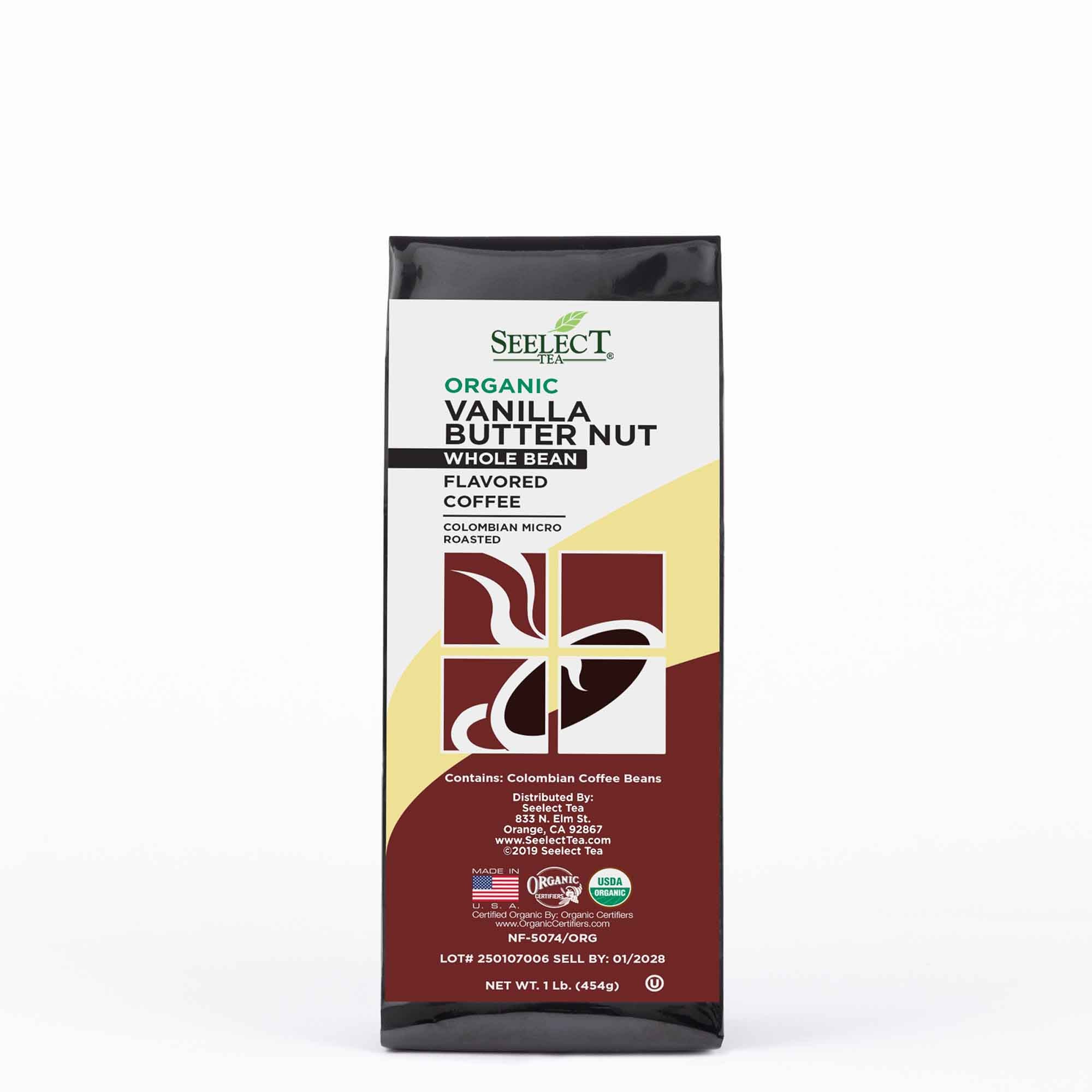 Package of Organic Vanilla Butter Nut Flavored Coffee Beans