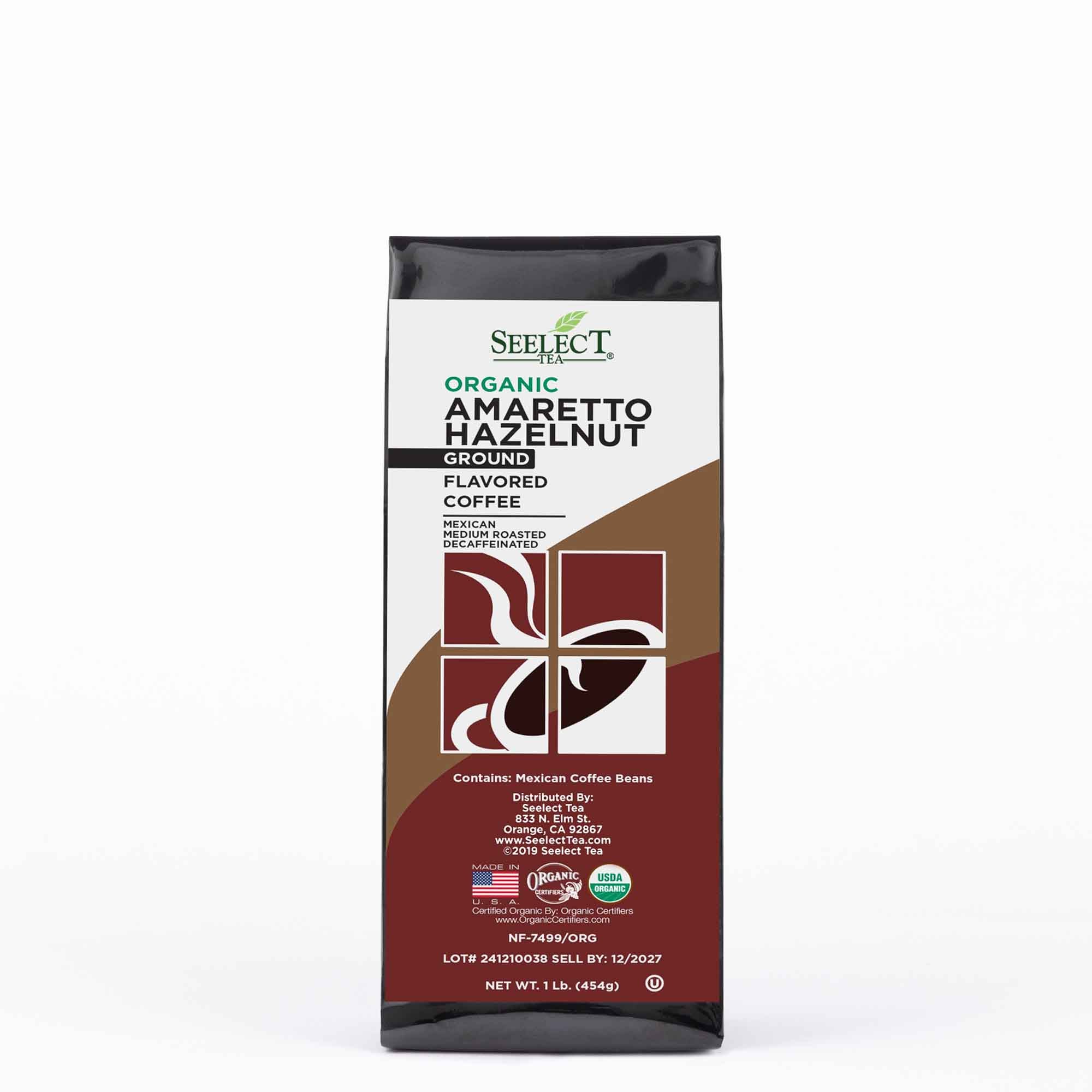 Package of Organic Decaf Amaretto Hazelnut Flavored Coffee Beans