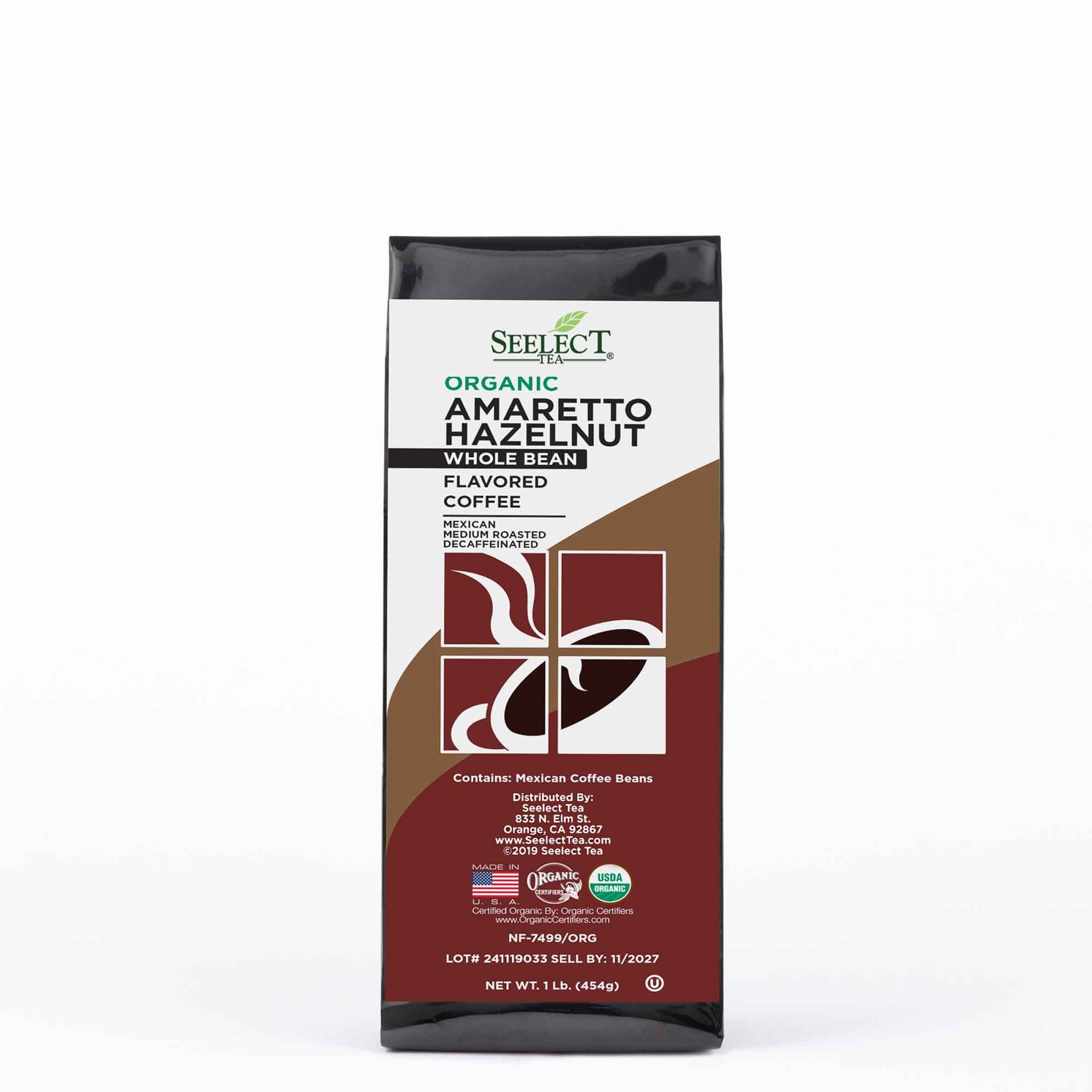 Package of Organic Decaf Amaretto Hazelnut Flavored Coffee Beans