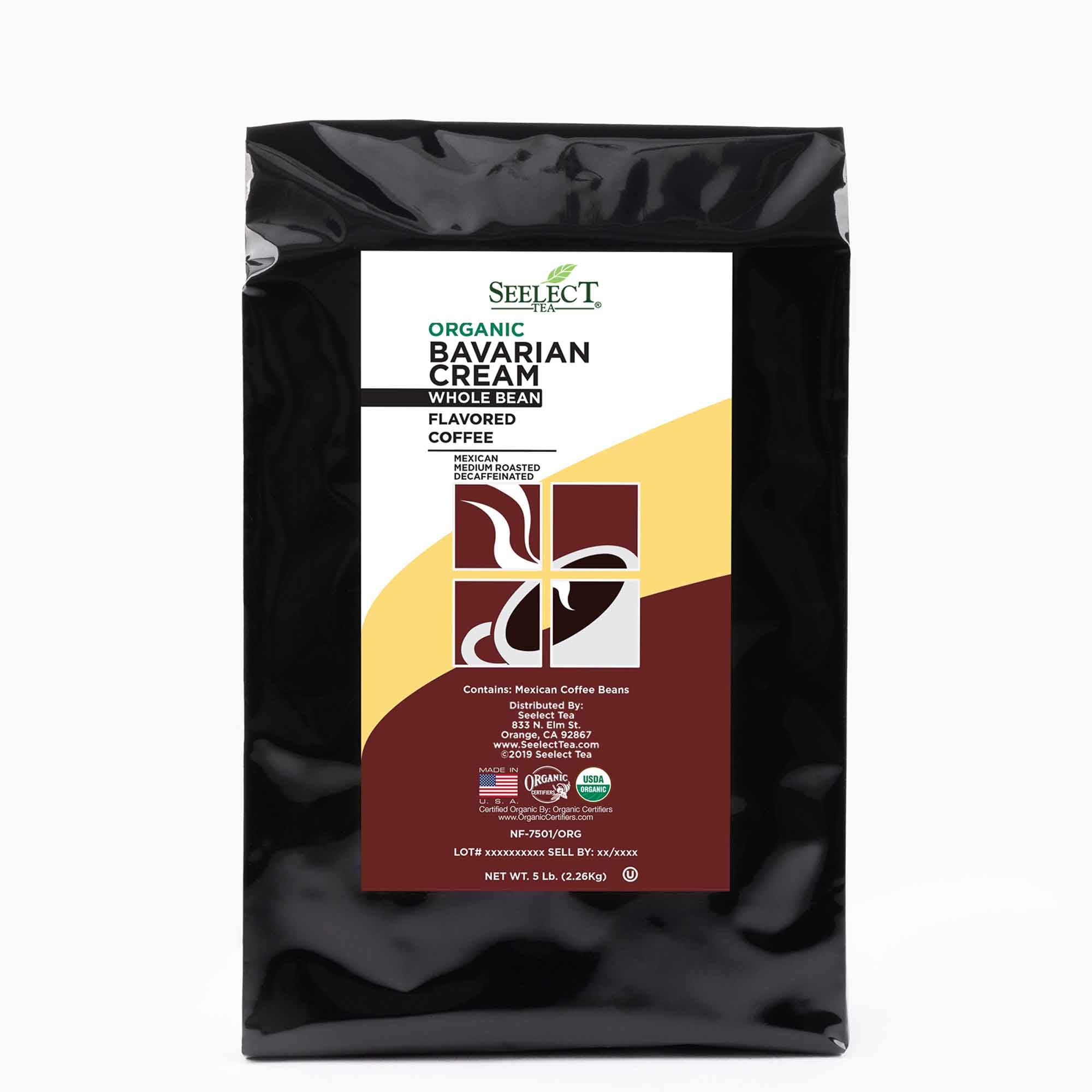 Package of Organic Decaf Bavarian Cream Flavored Coffee Beans
