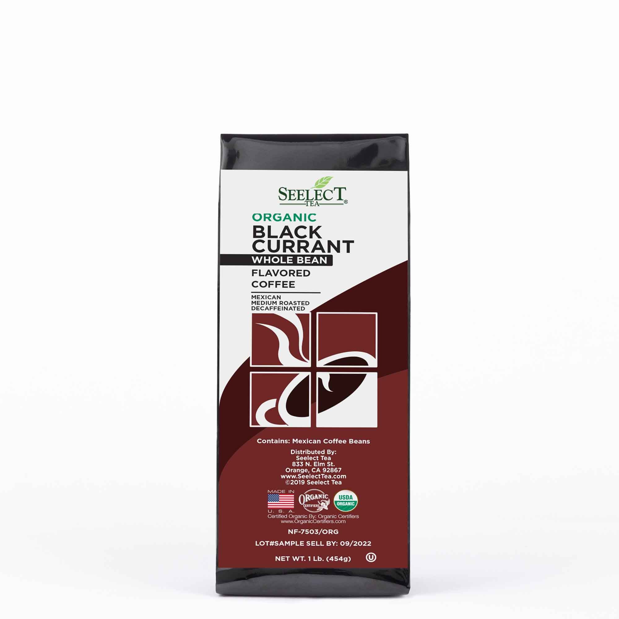 Package of Organic Decaf Black Currant Flavored Coffee Beans