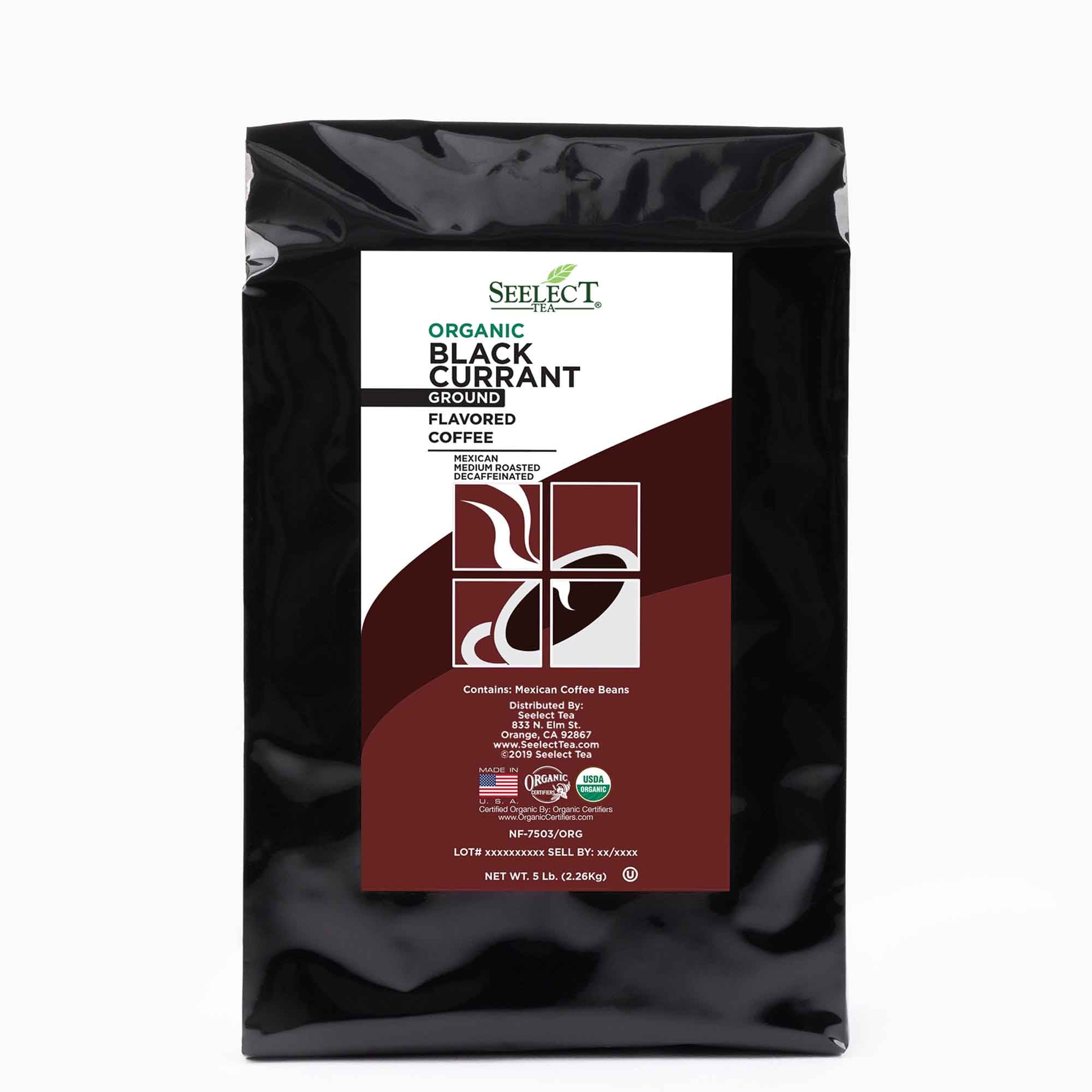 Package of Organic Decaf Black Currant Flavored Coffee Beans