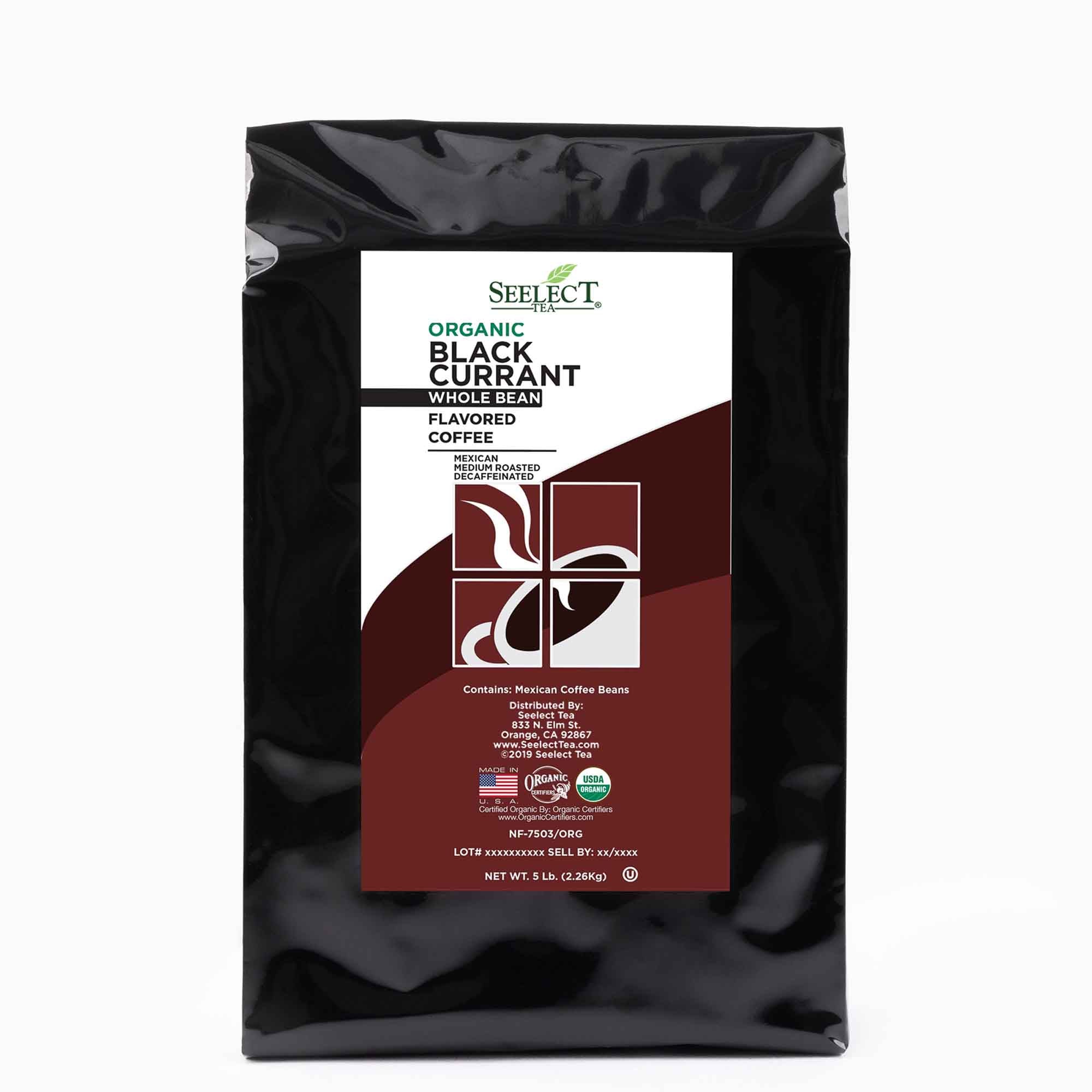 Package of Organic Decaf Black Currant Flavored Coffee Beans