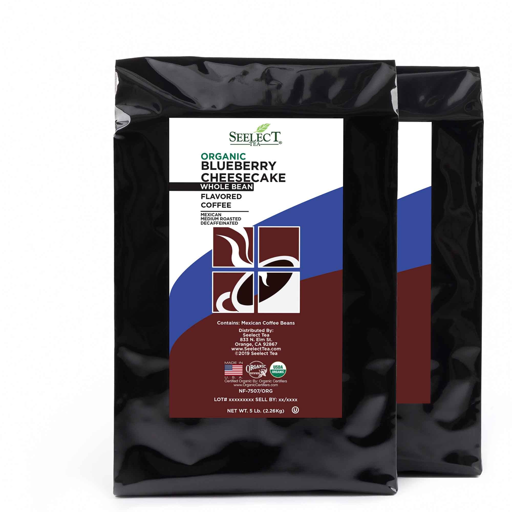 Package of Organic Decaf Blueberry Cheesecake Flavored Coffee Beans