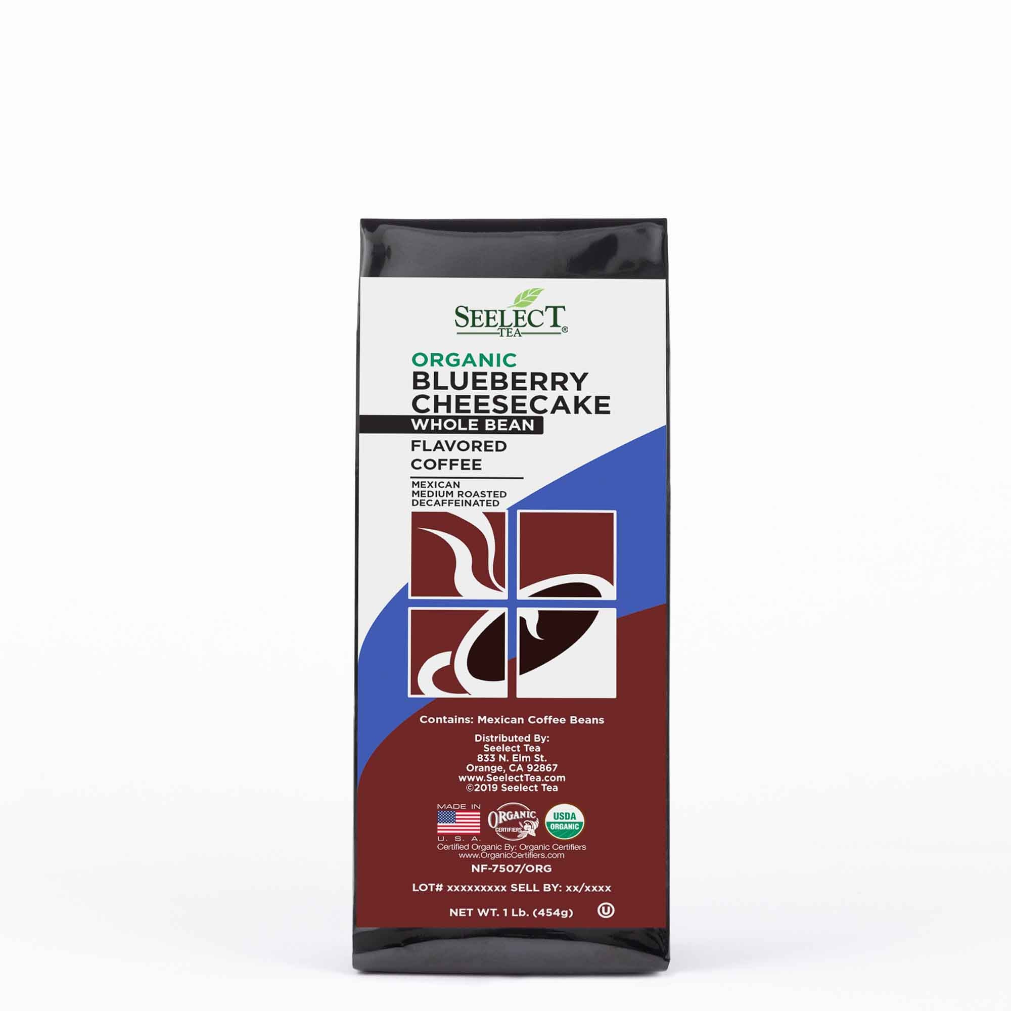 Package of Organic Decaf Blueberry Cheesecake Flavored Coffee Beans