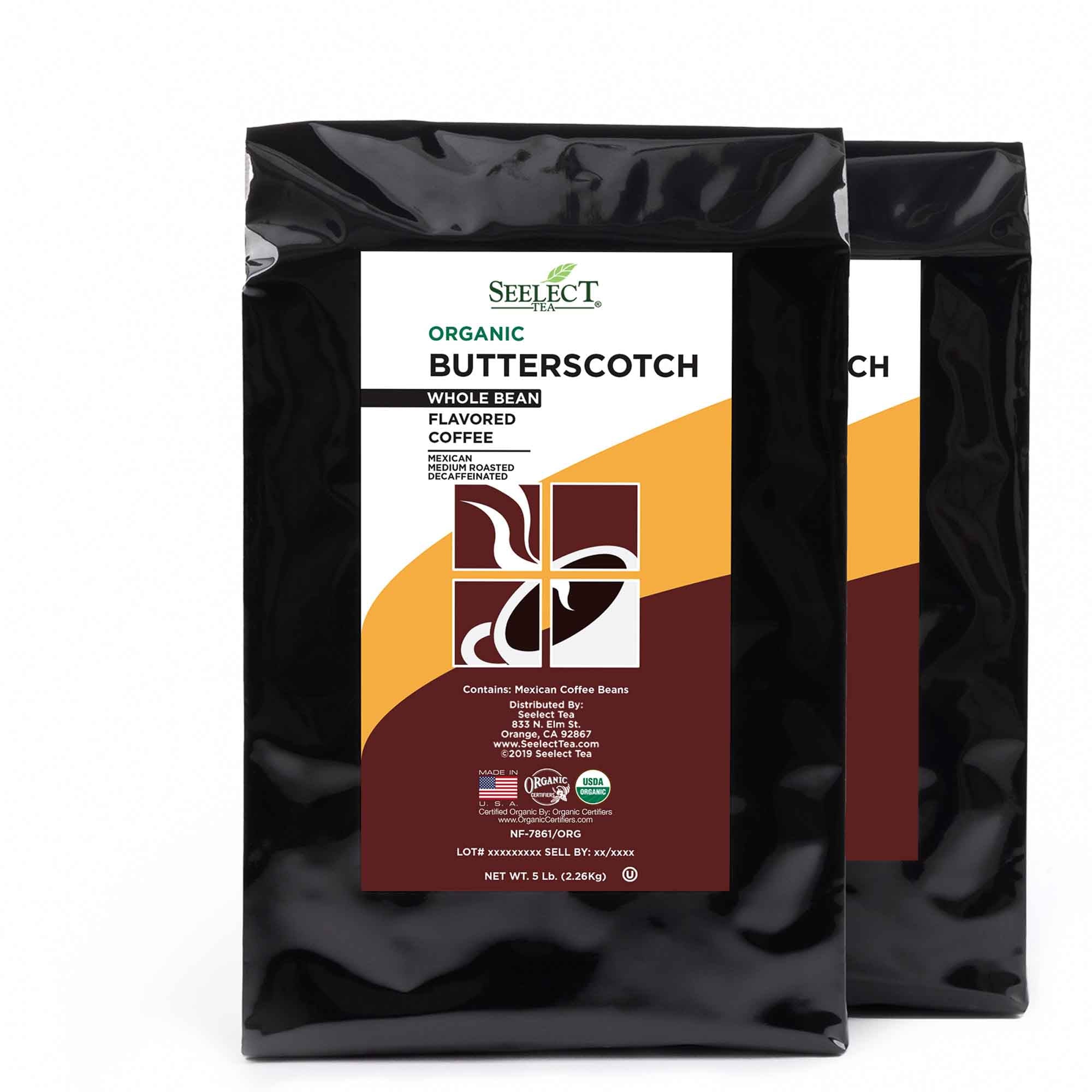 Package of Organic Decaf Butterscotch Flavored Coffee Beans