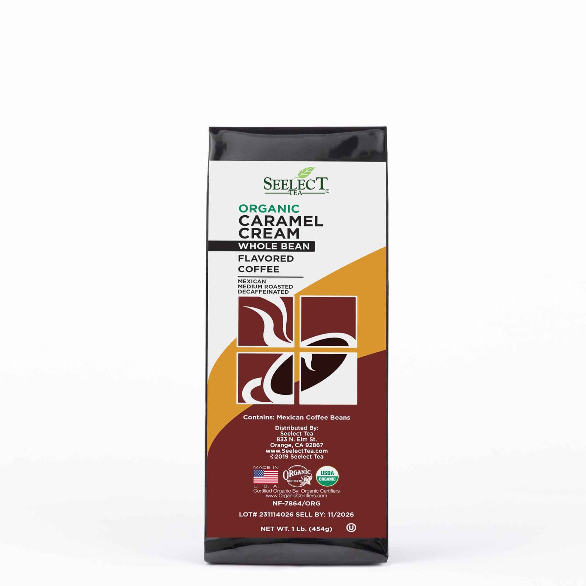 Package of Organic Decaf Caramel Cream Flavored Coffee Beans