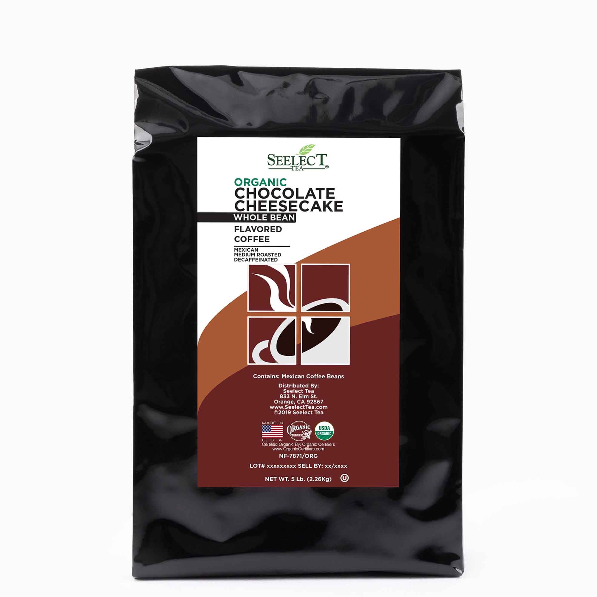 Package of Organic Decaf Chocolate Cheesecake Flavored Coffee Beans