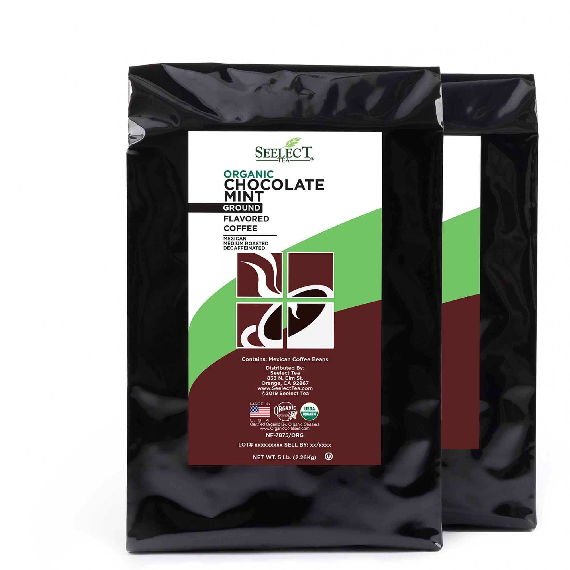 Package of Organic Decaf Chocolate Mint Flavored Coffee Beans