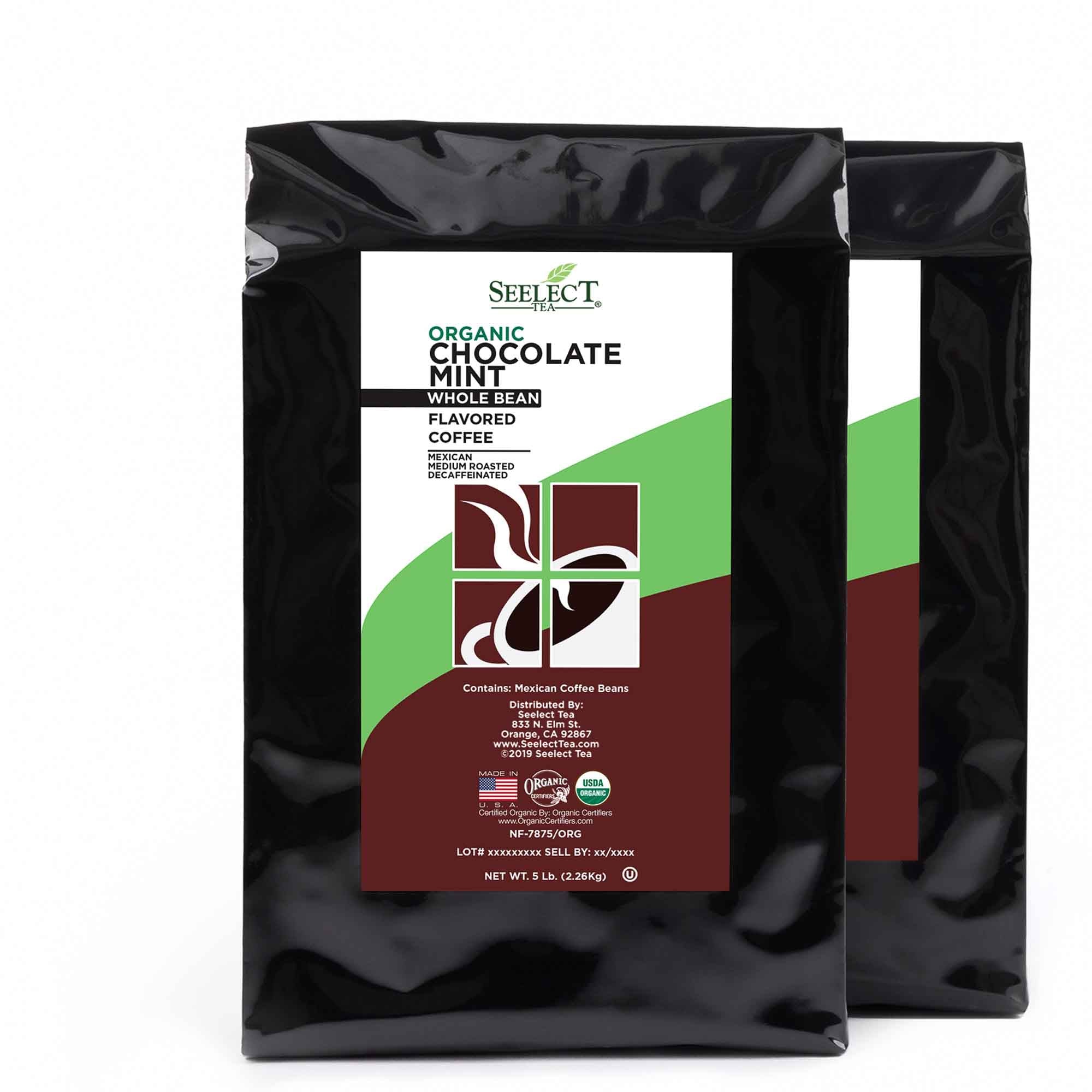 Package of Organic Decaf Chocolate Mint Flavored Coffee Beans