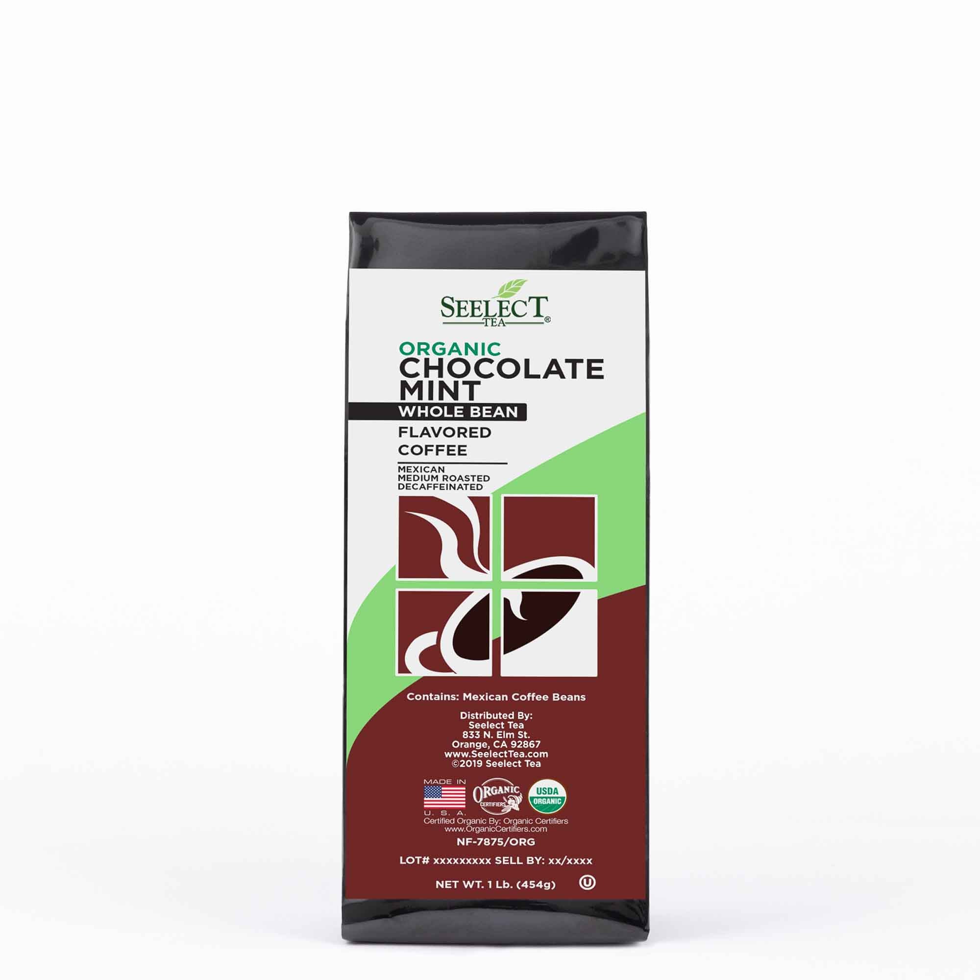 Package of Organic Decaf Chocolate Mint Flavored Coffee Beans