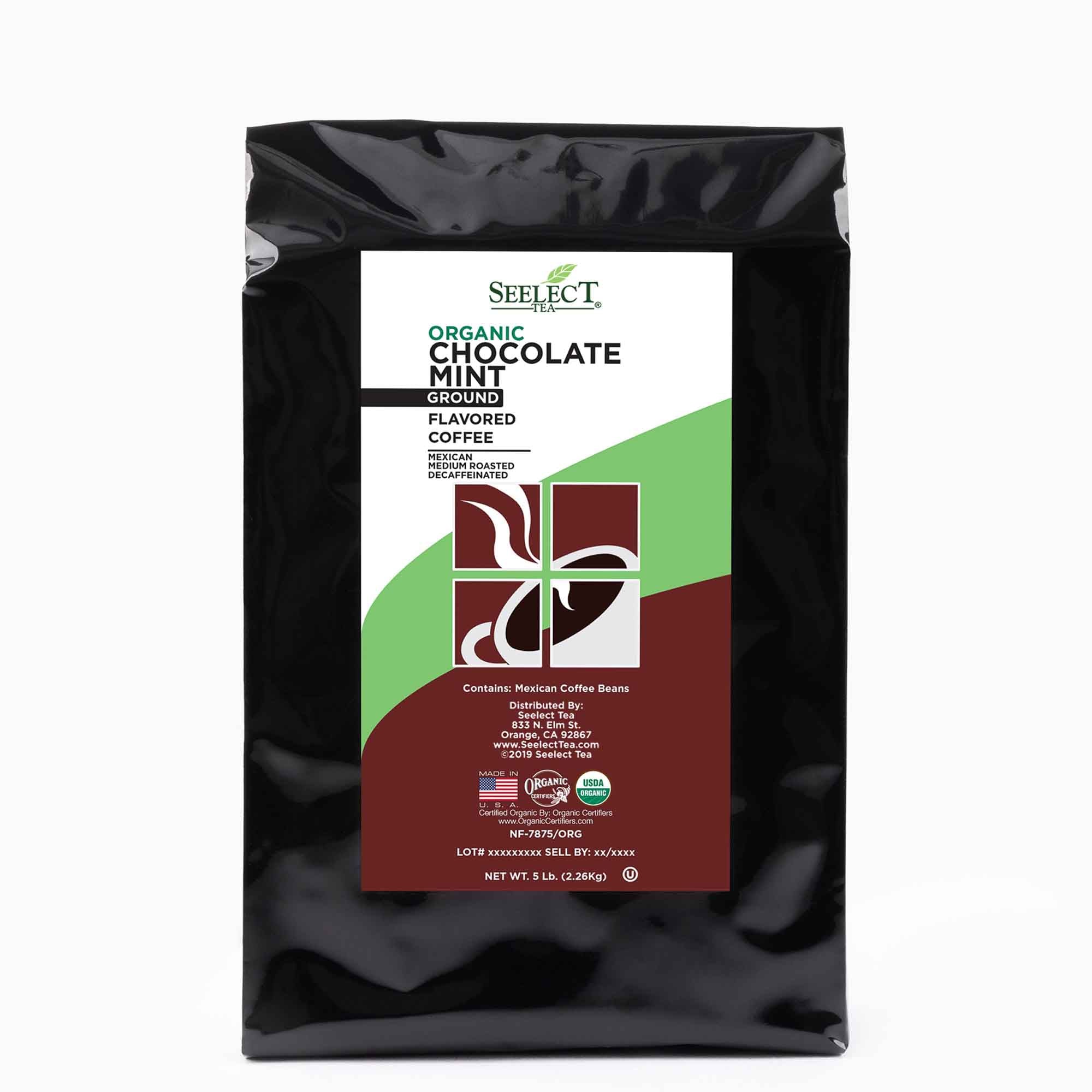 Package of Organic Decaf Chocolate Mint Flavored Coffee Beans