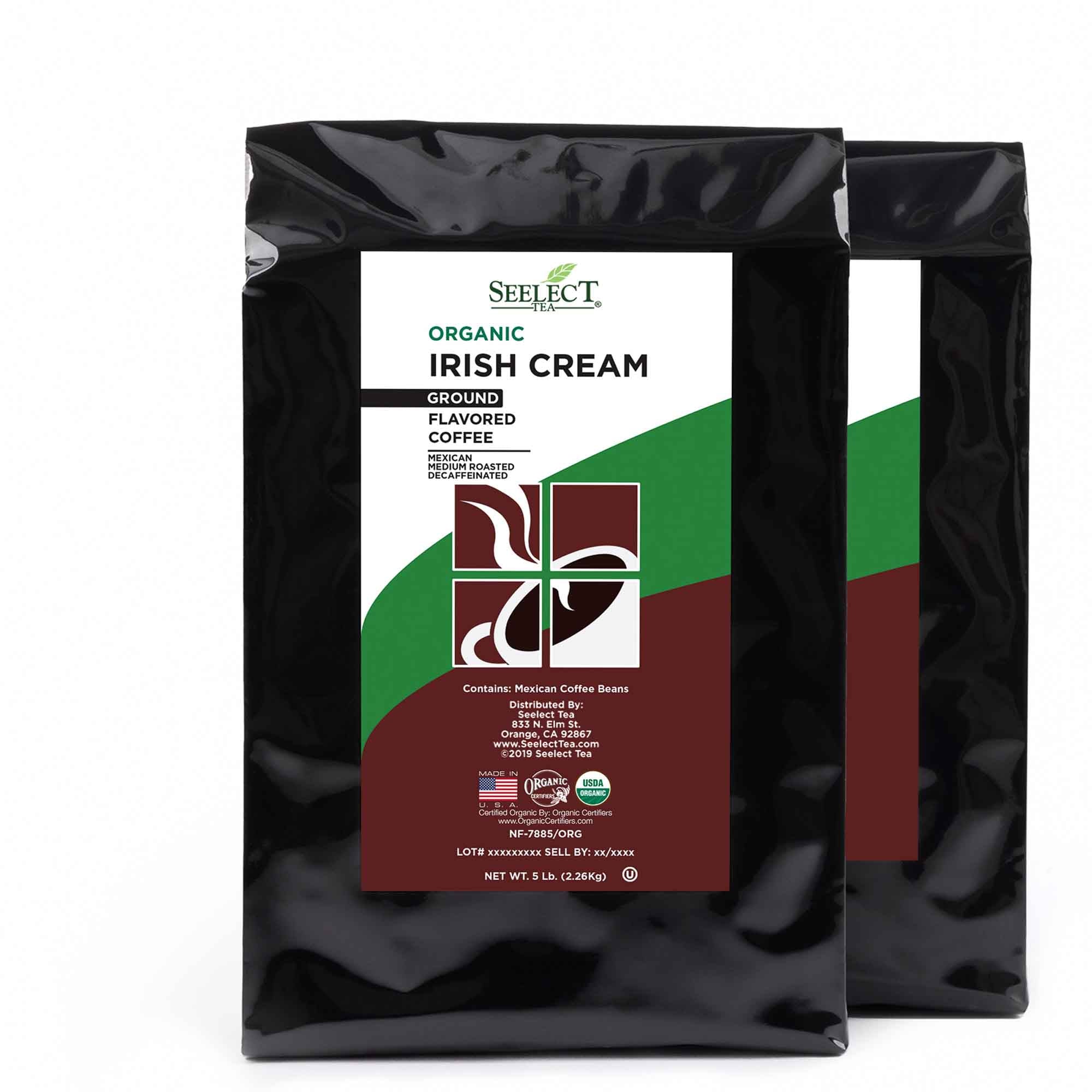 Package of Organic Decaf Irish Cream Flavored Coffee Beans