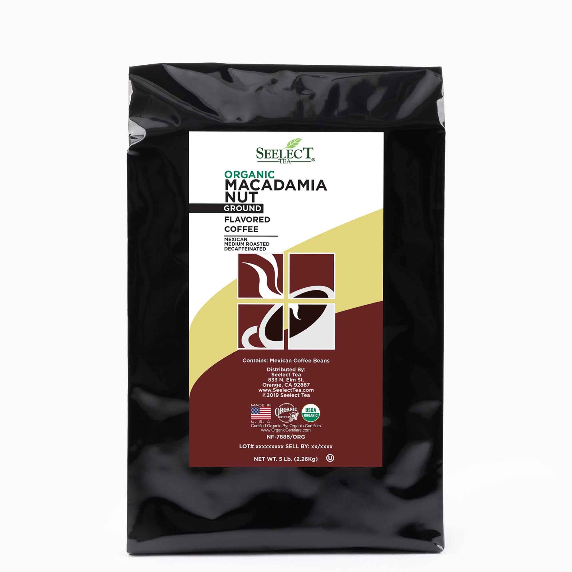 Package of Organic Decaf Macadamia Nut Flavored Coffee Beans