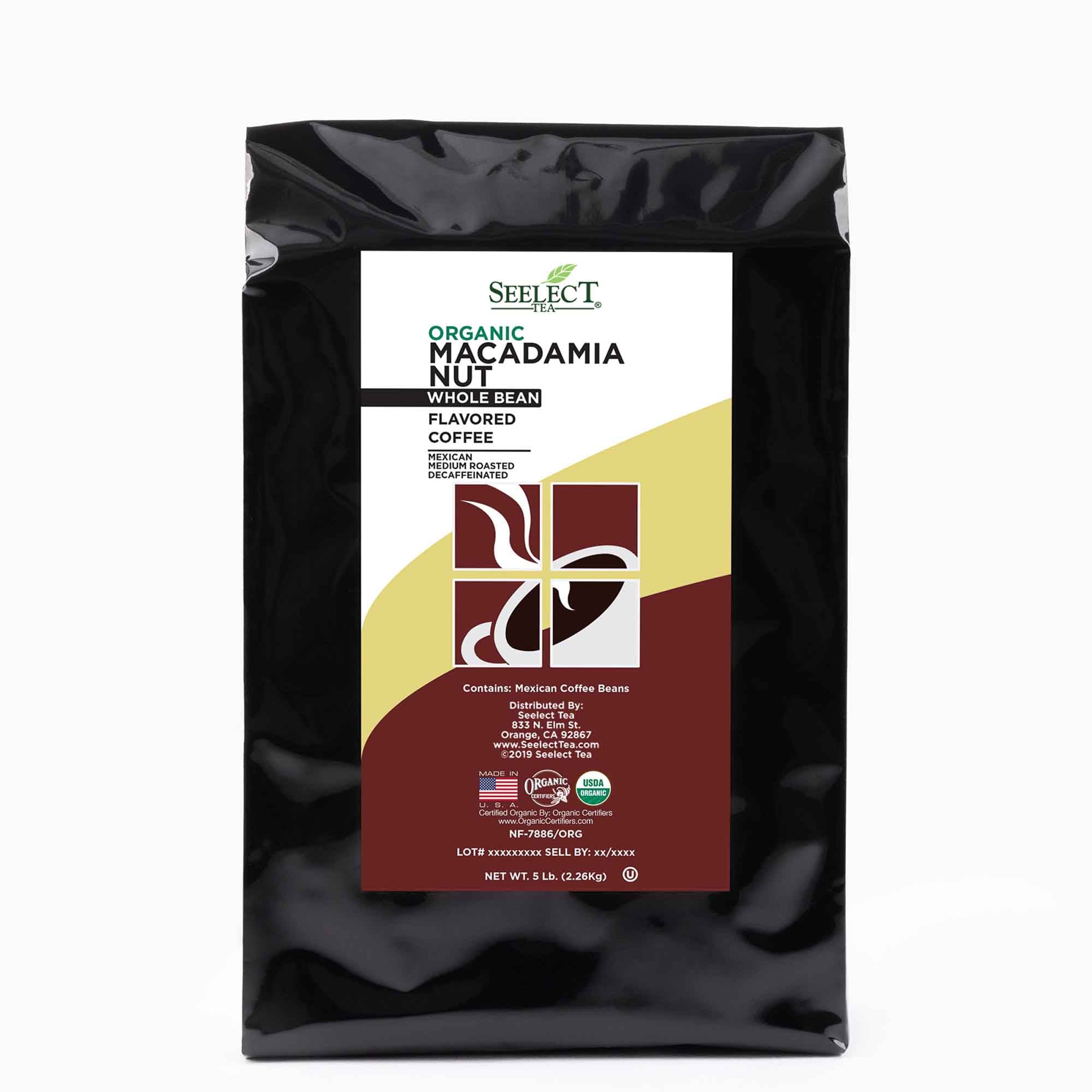 Package of Organic Decaf Macadamia Nut Flavored Coffee Beans