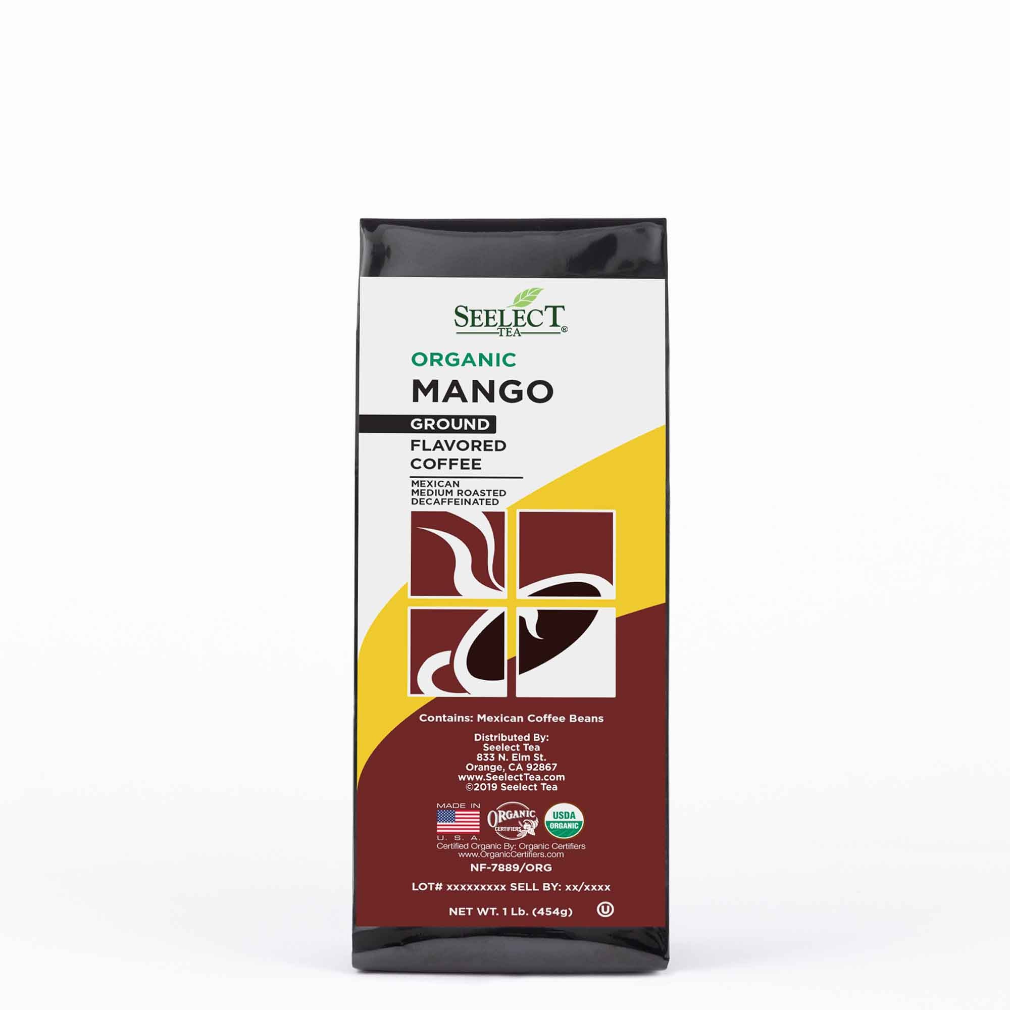 Package of Organic Decaf Mango Flavored Coffee Beans