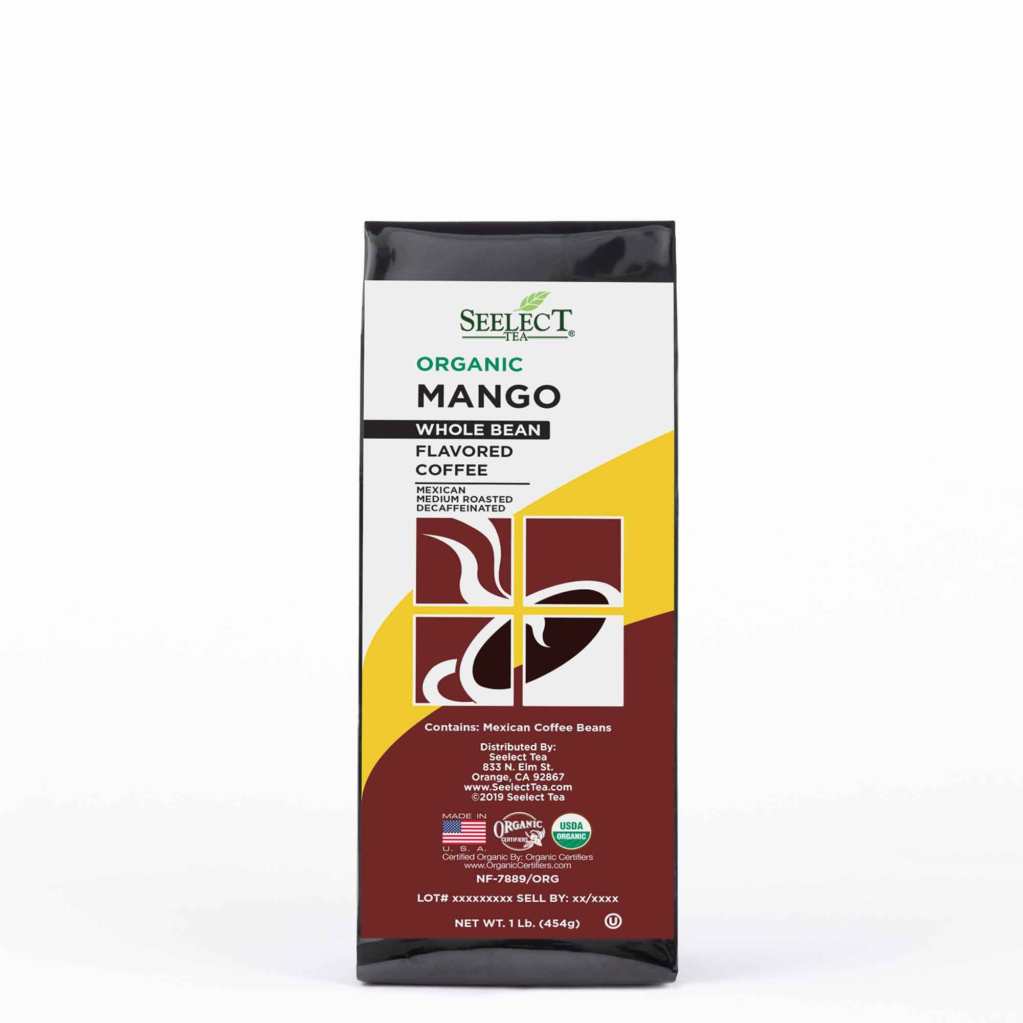 Package of Organic Decaf Mango Flavored Coffee Beans
