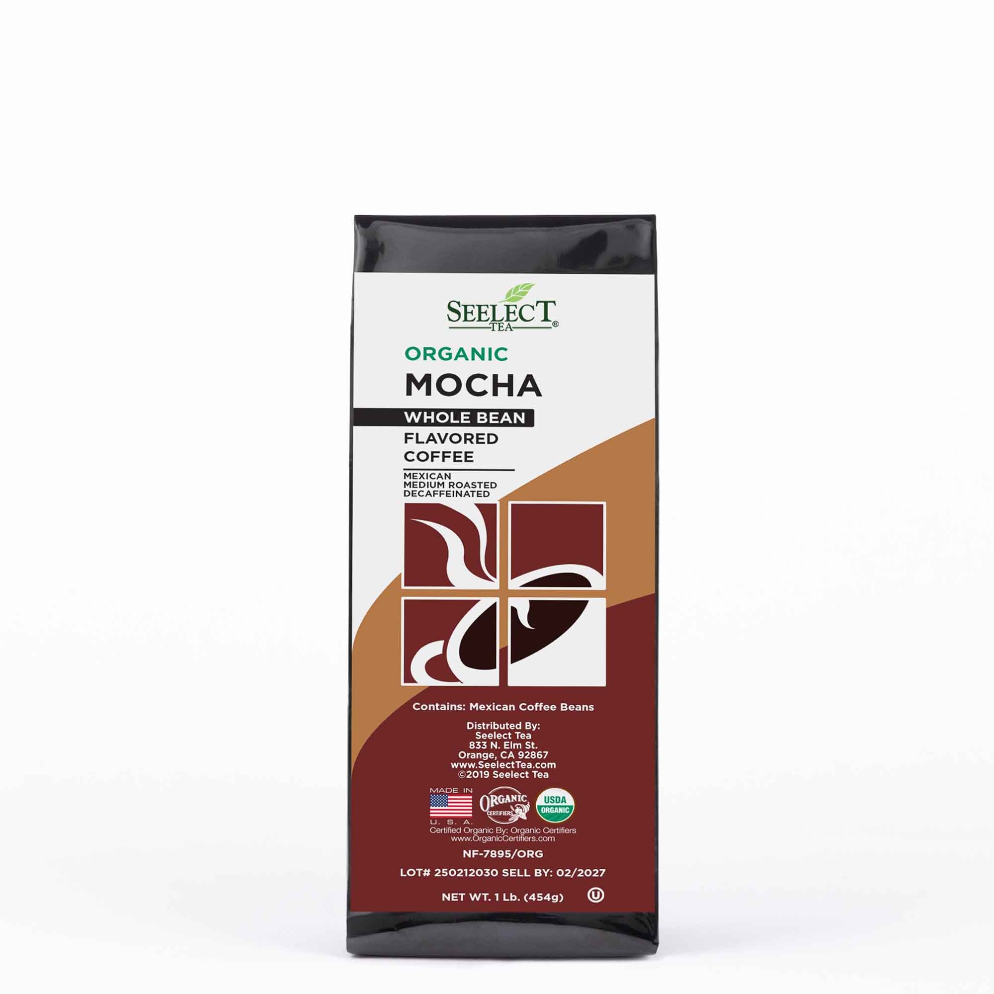 Package of Organic Decaf Mocha Flavored Coffee Beans