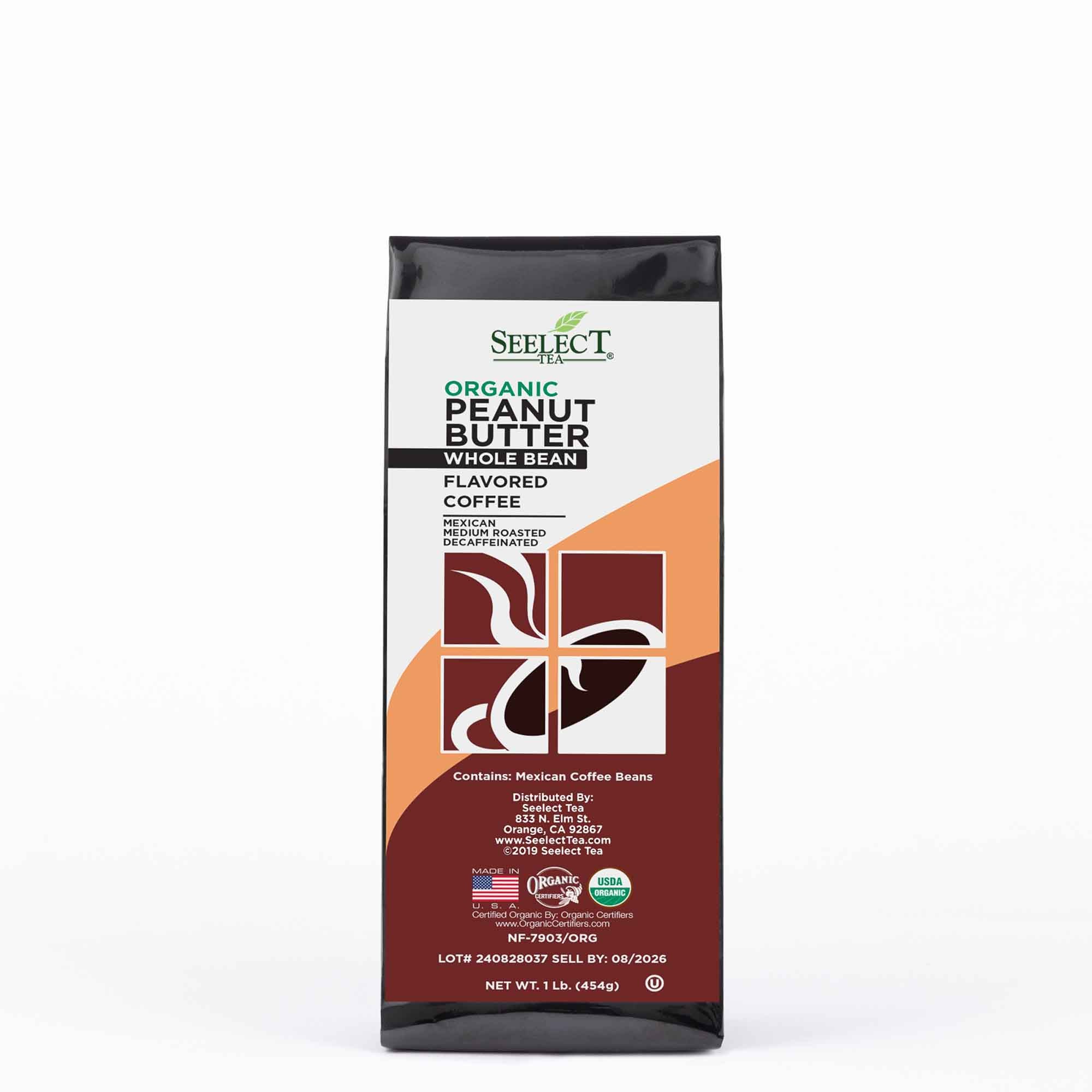 Package of Organic Decaf Peanut Butter Flavored Coffee Beans