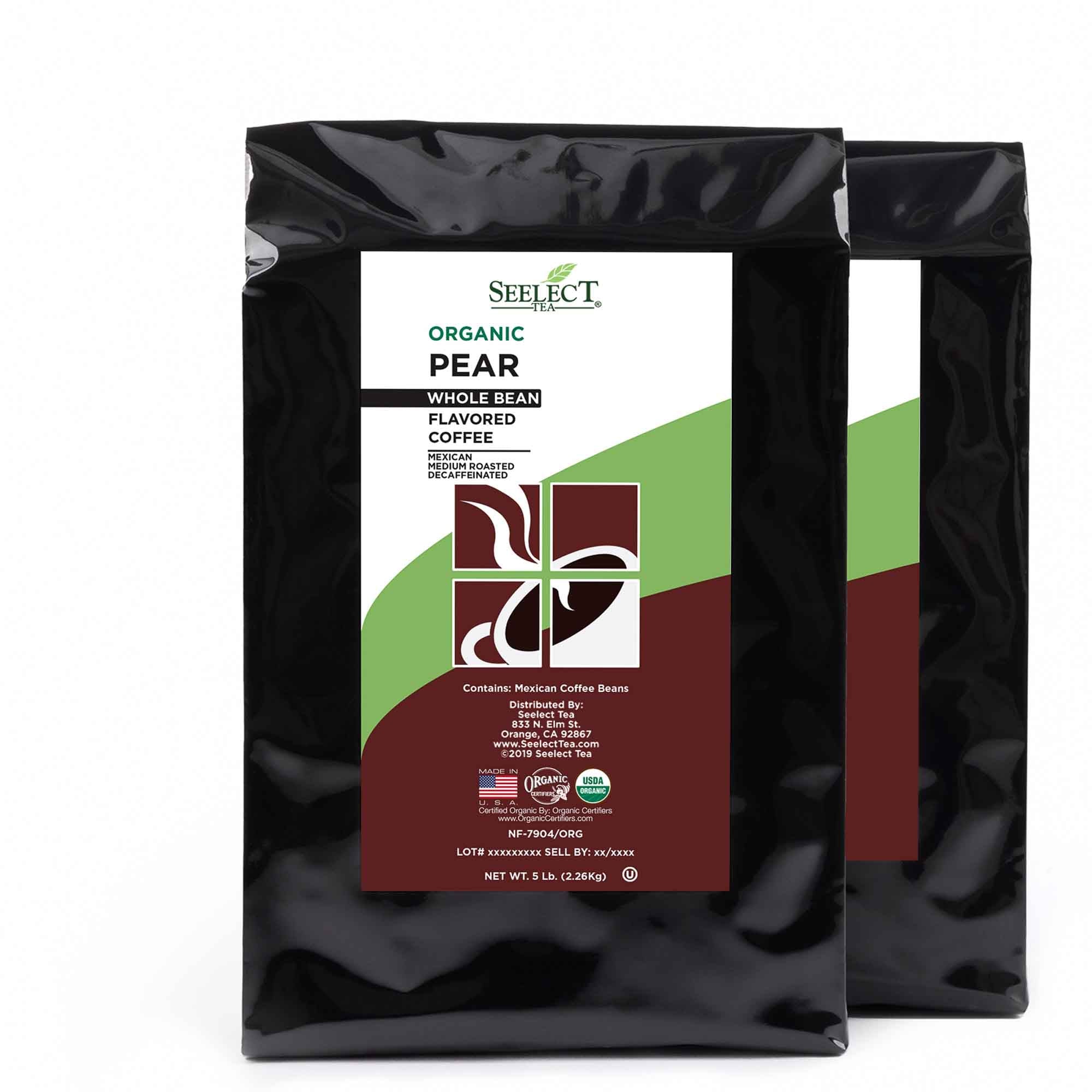 Package of Organic Decaf Pear Flavored Coffee Beans