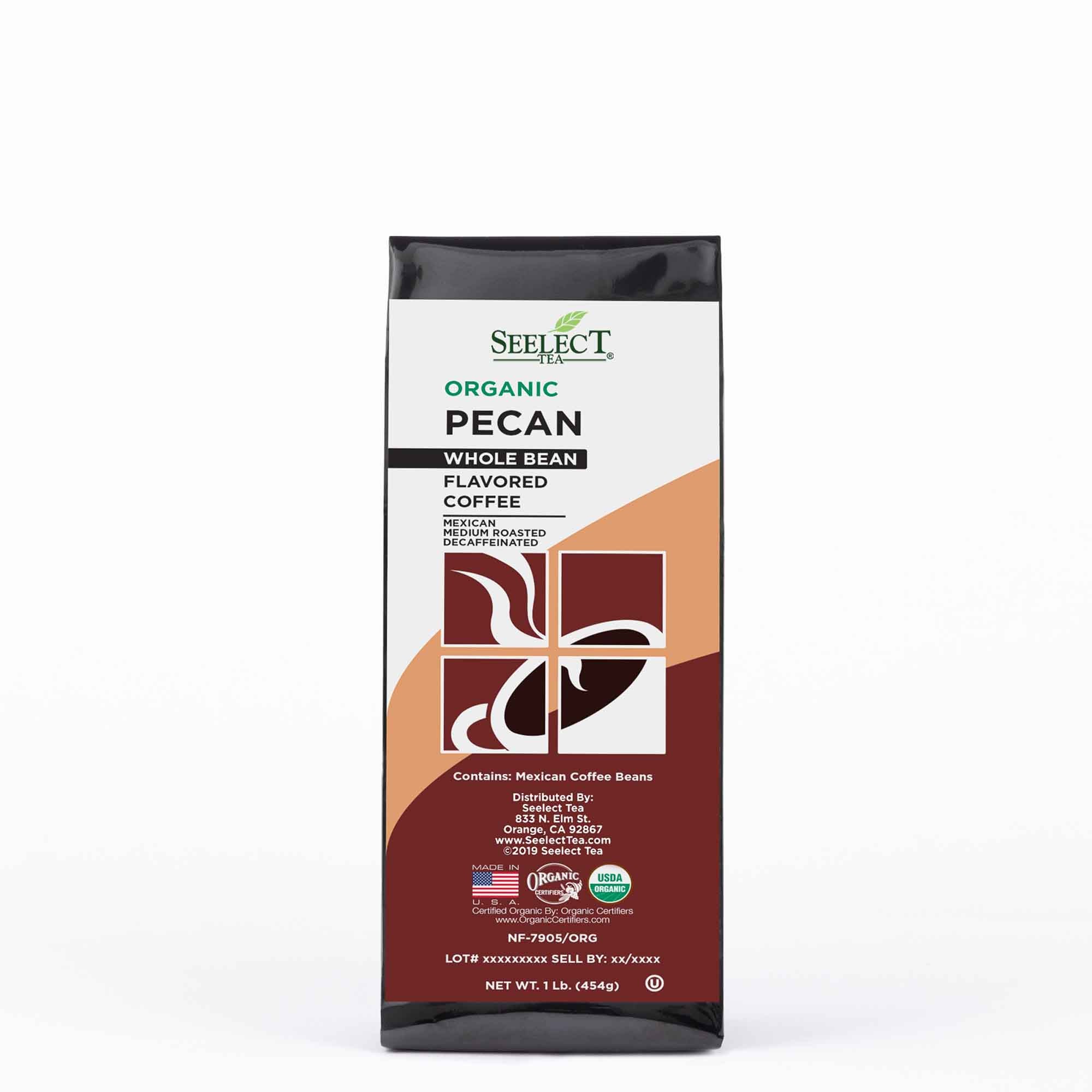 Package of Organic Decaf Pecan Flavored Coffee Beans