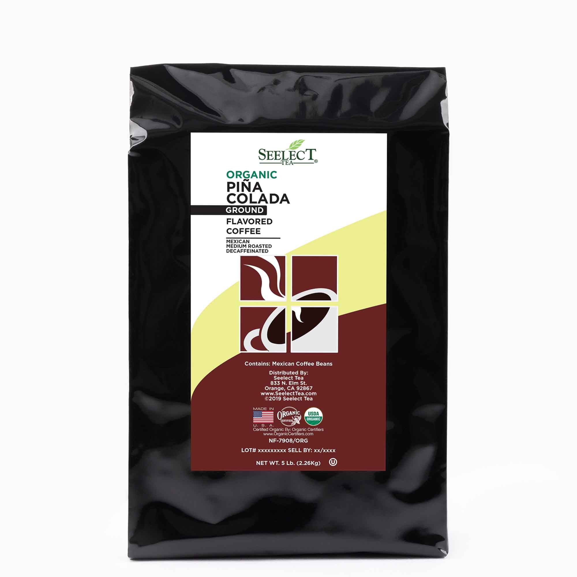 Package of Organic Decaf Pina Colada Flavored Coffee Beans