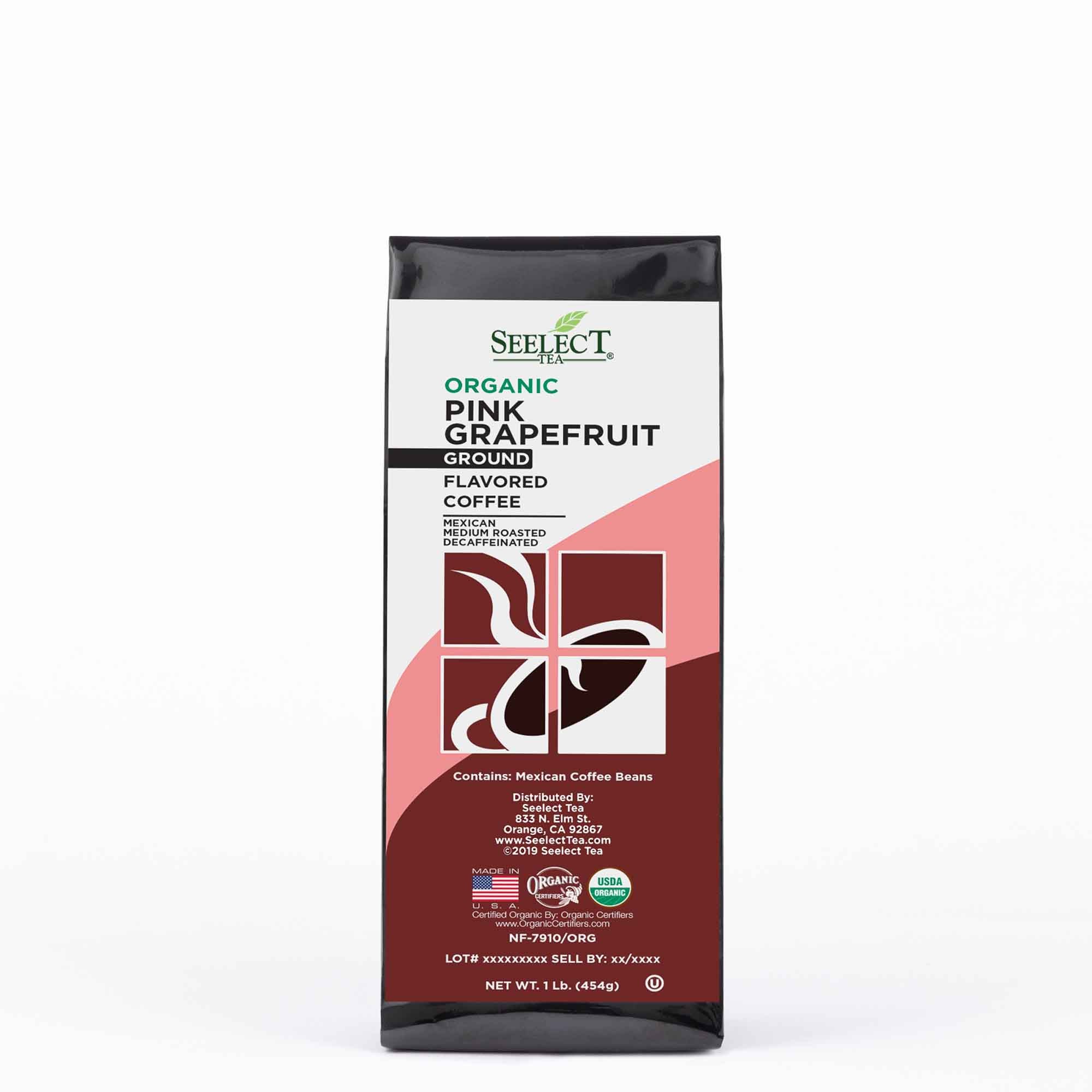 Package of Organic Decaf Pink Grapefruit Flavored Coffee Beans
