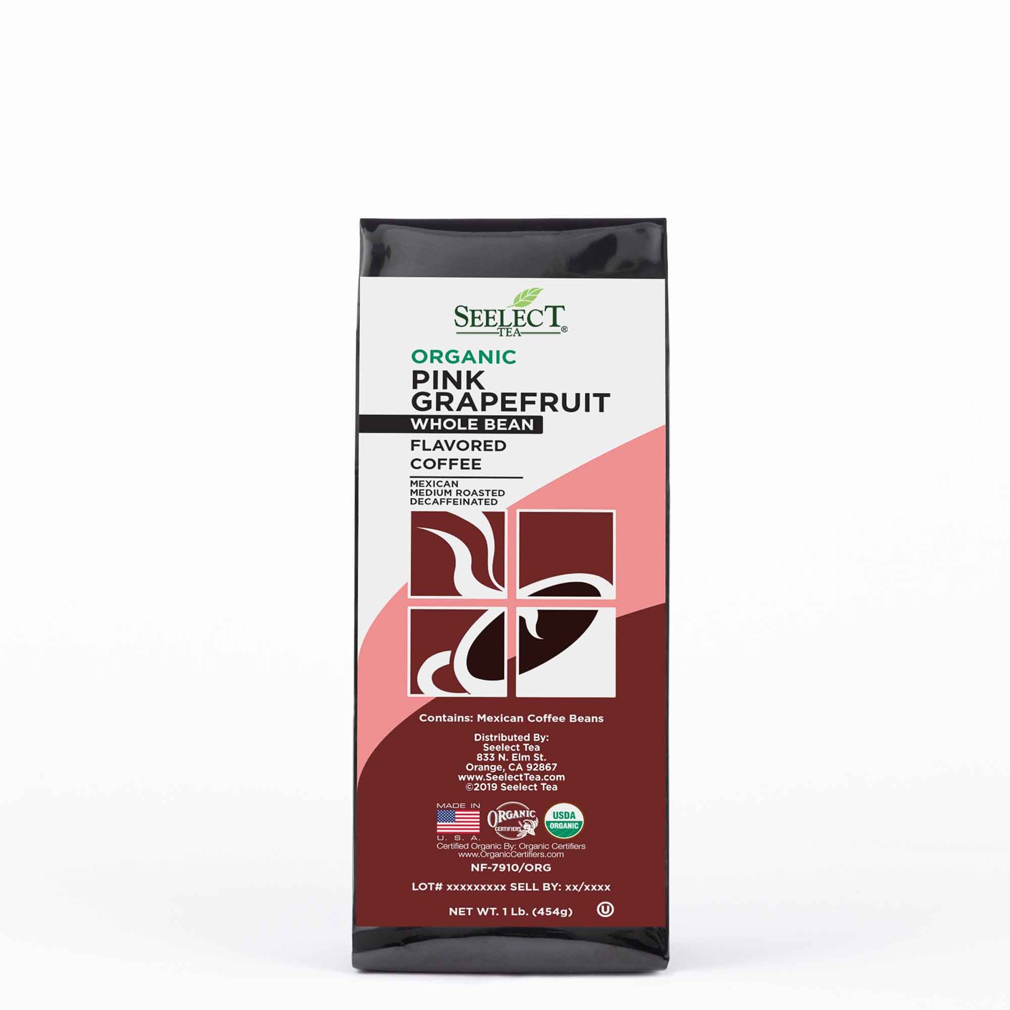 Package of Organic Decaf Pink Grapefruit Flavored Coffee Beans