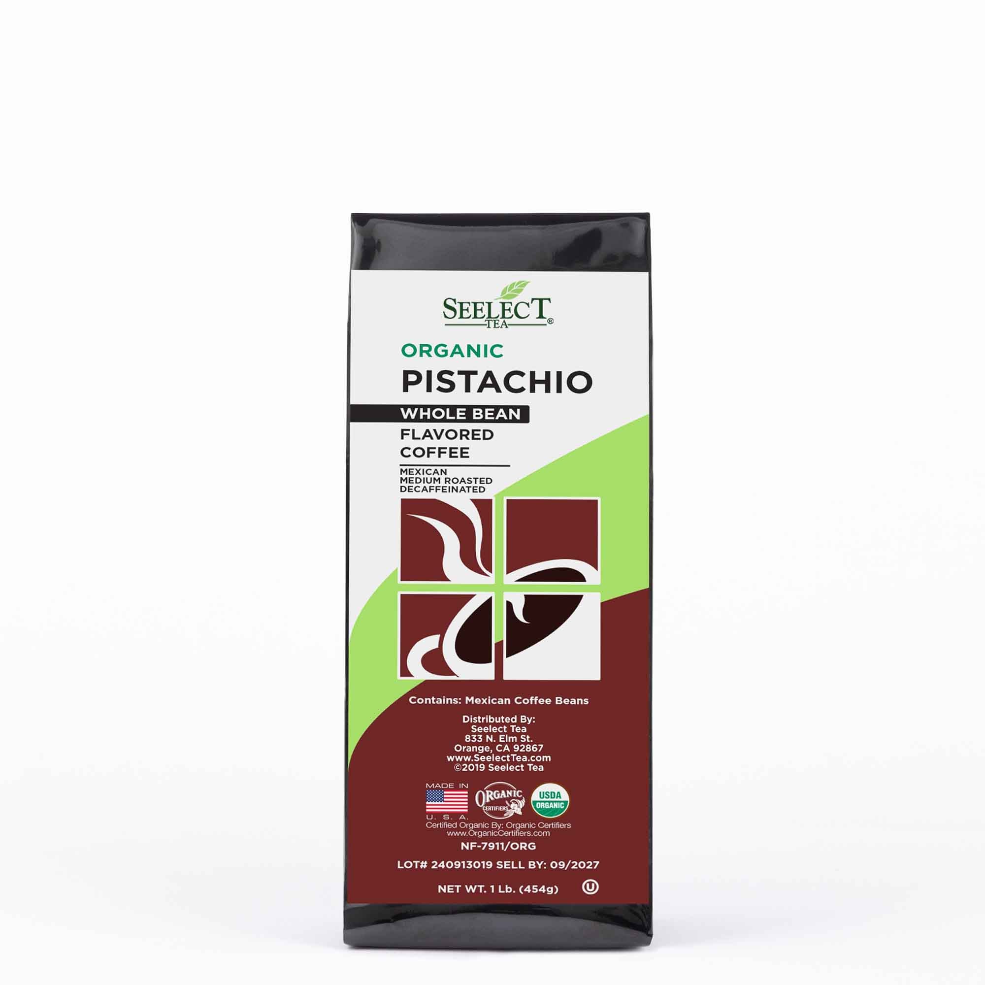Package of Organic Decaf Pistachio Flavored Coffee Beans