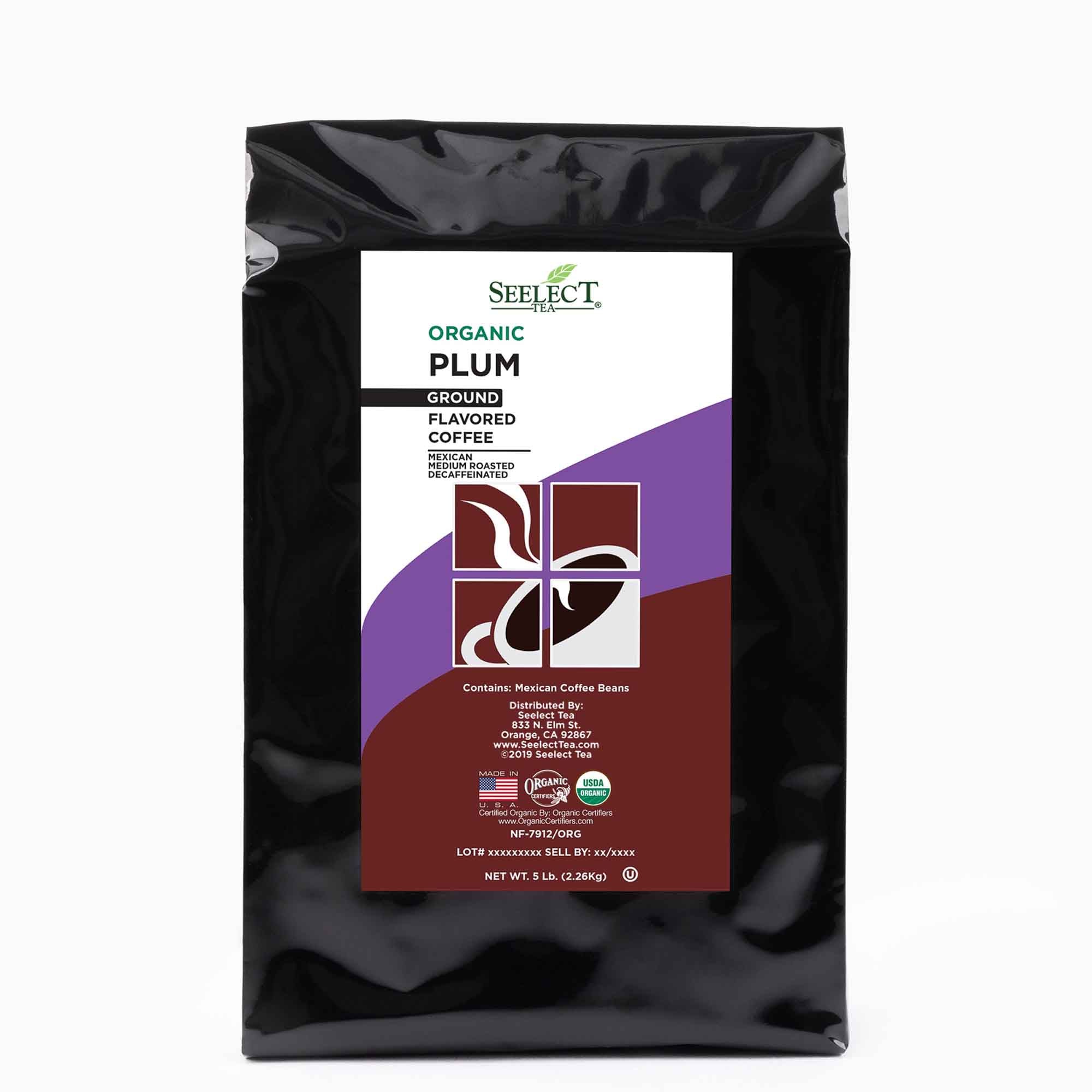 Package of Organic Decaf Plum Flavored Coffee Beans