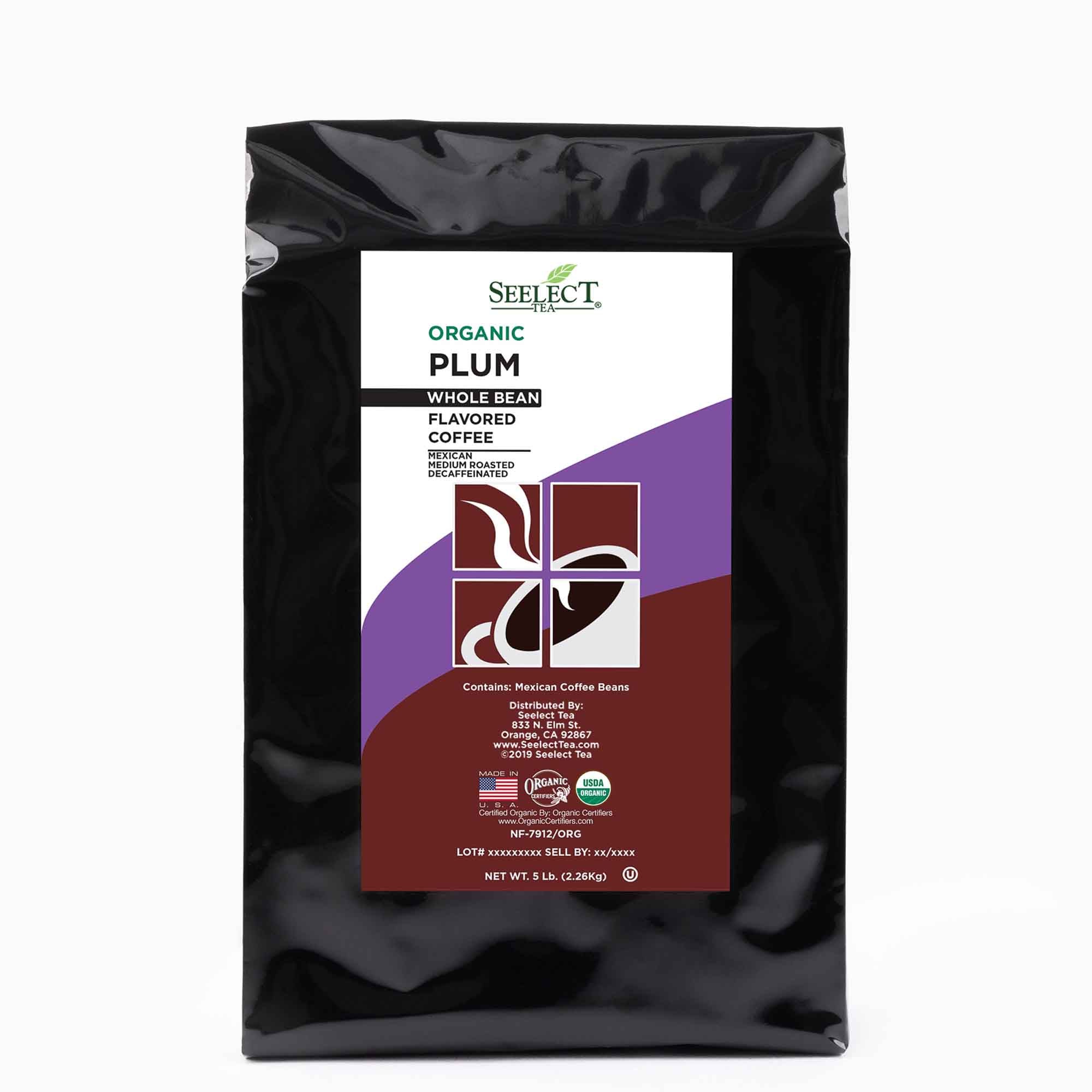 Package of Organic Decaf Plum Flavored Coffee Beans