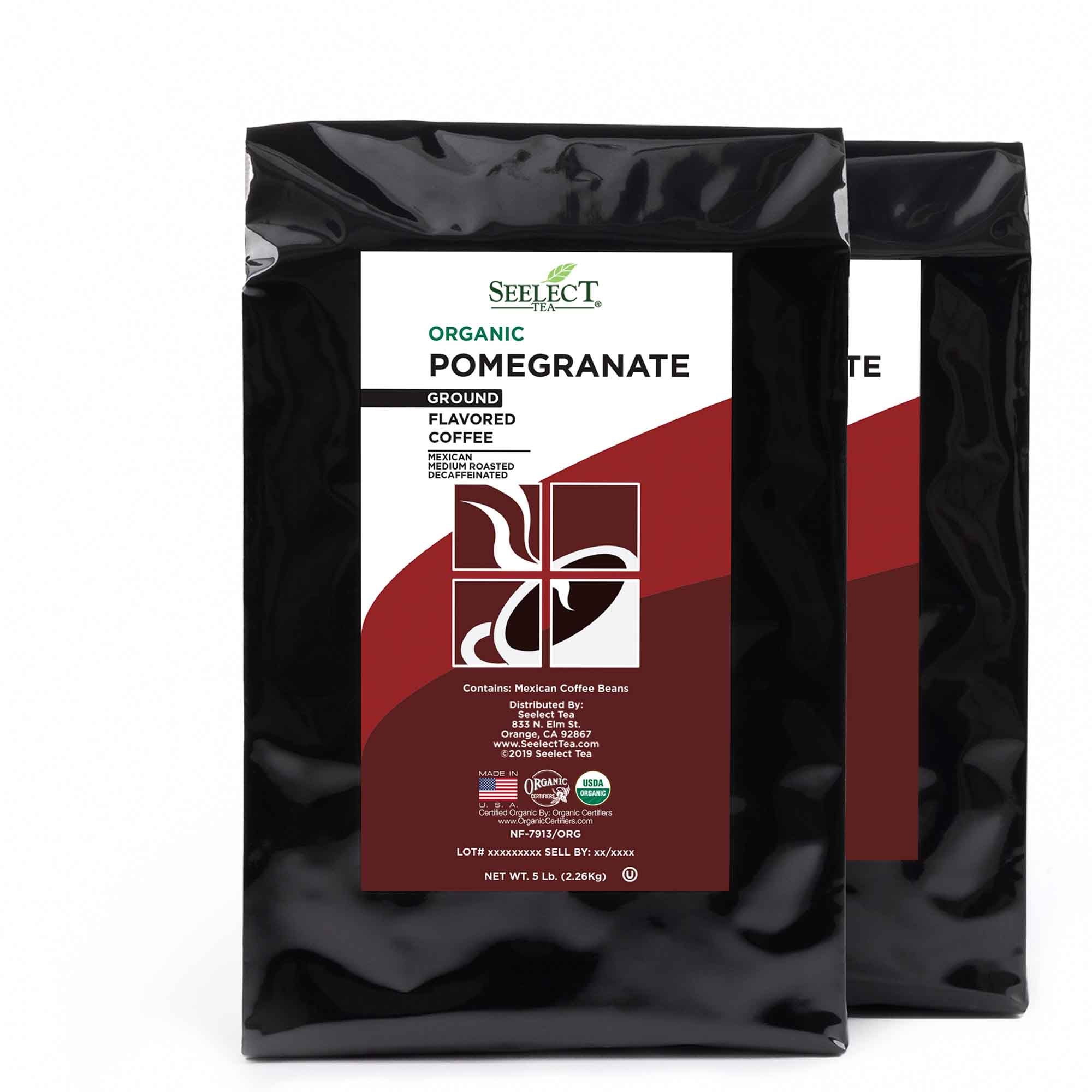 Package of Organic Decaf Pomegranate Flavored Coffee Beans