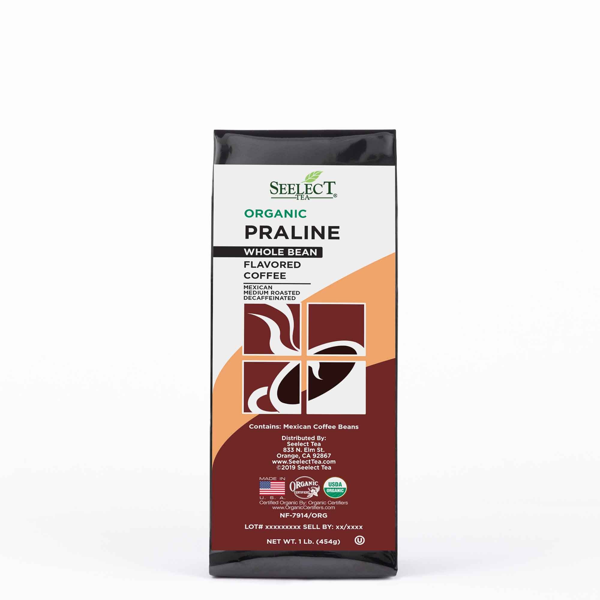 Package of Organic Decaf Praline Flavored Coffee Beans