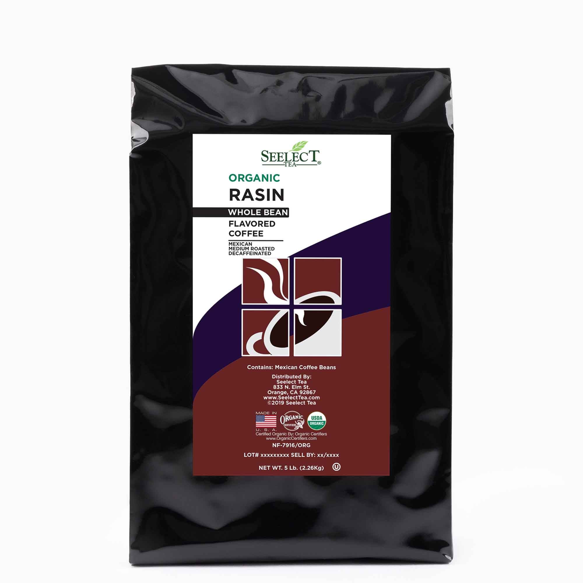 Package of Organic Decaf Raisin Flavored Coffee Beans