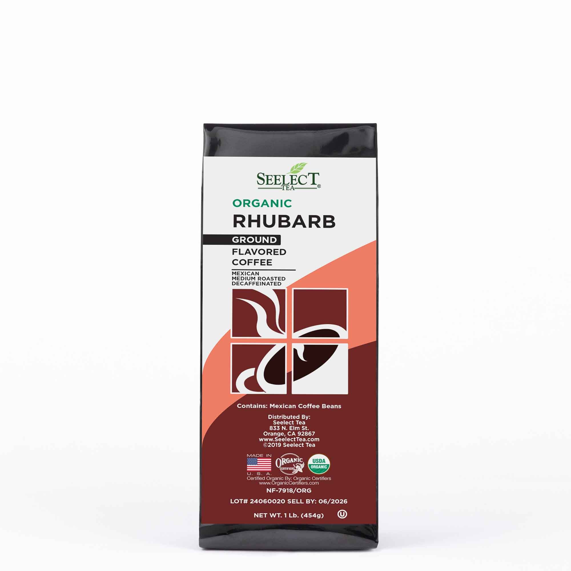 Package of Organic Decaf Rhubarb Flavored Coffee Beans