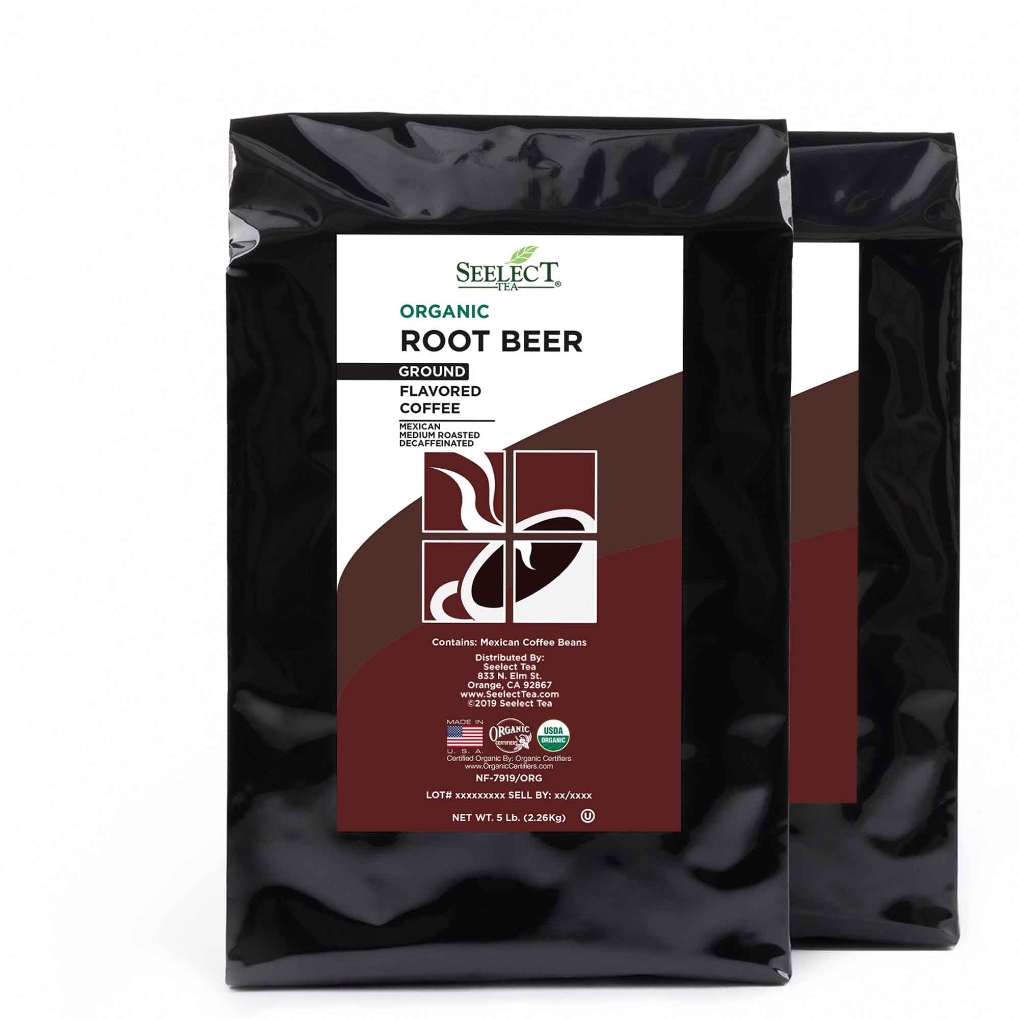 Package of Organic Decaf Root Beer Flavored Coffee Beans
