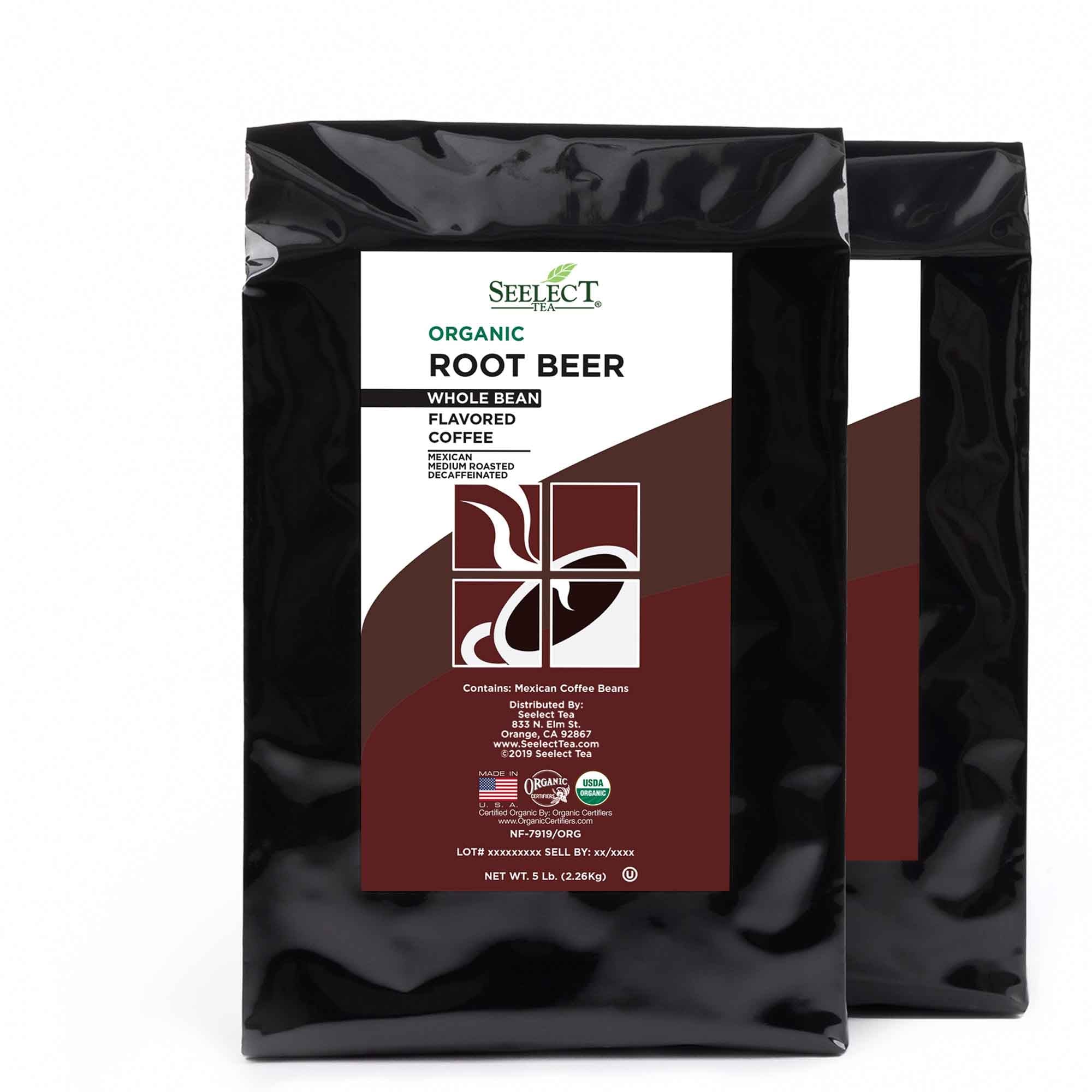 Package of Organic Decaf Root Beer Flavored Coffee Beans