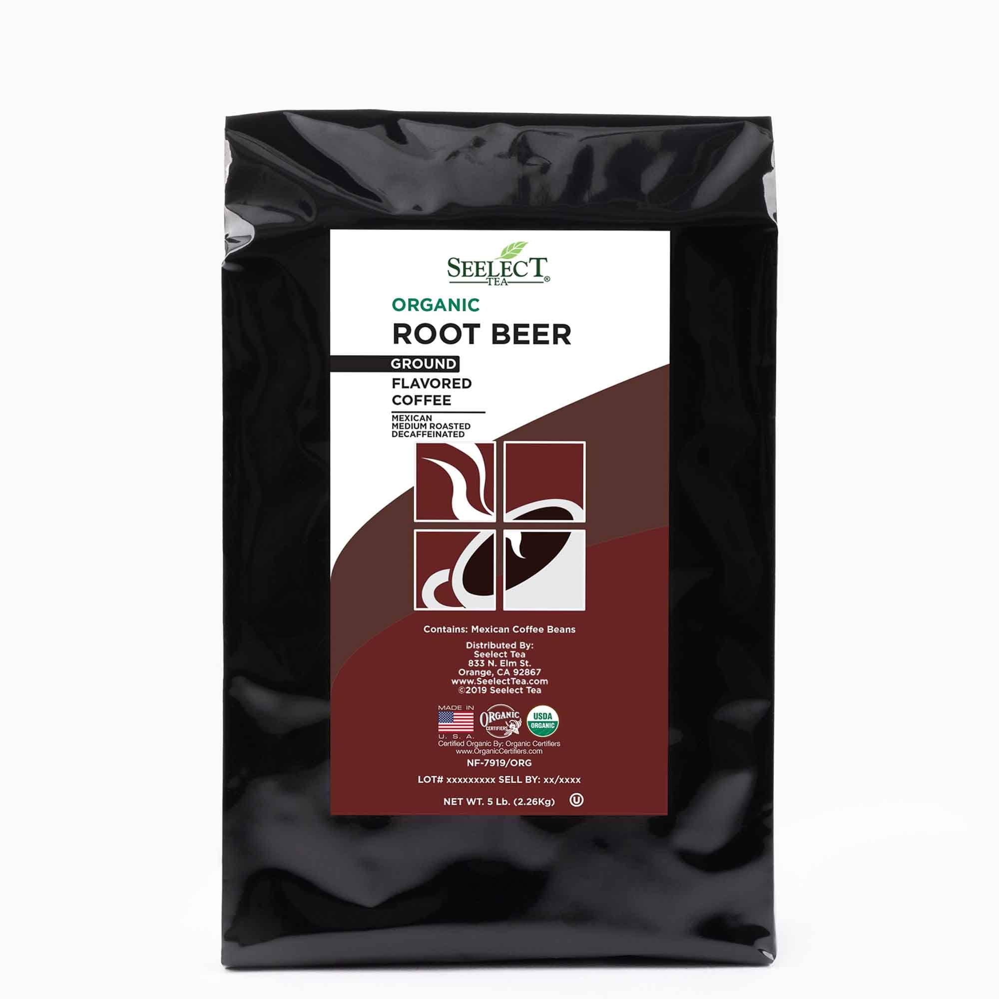 Package of Organic Decaf Root Beer Flavored Coffee Beans