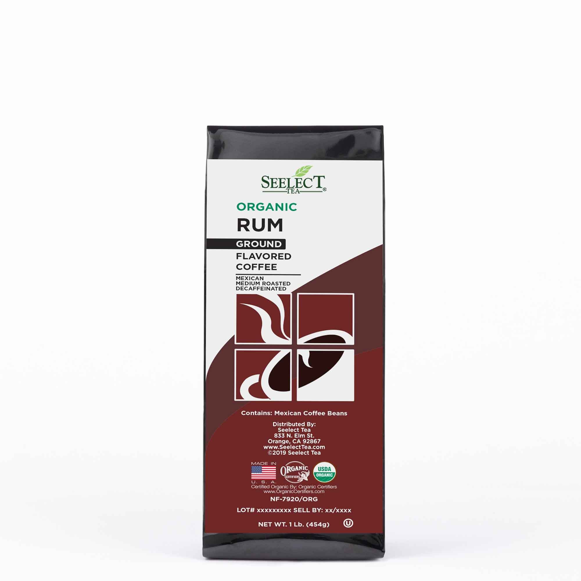 Package of Organic Decaf Rum Flavored Coffee Beans