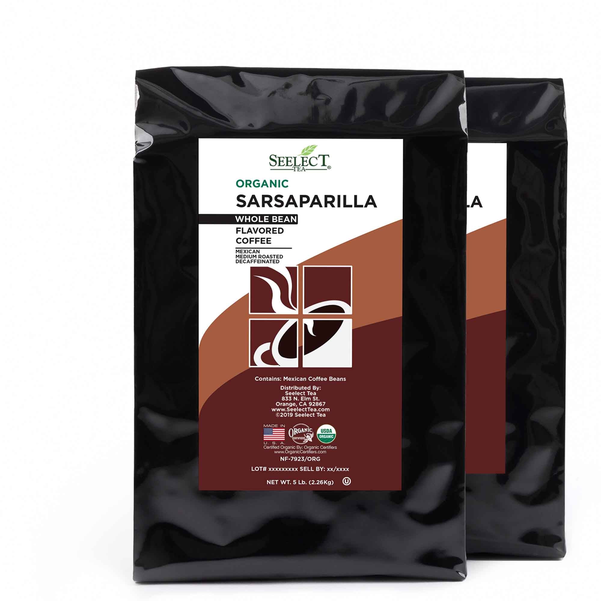 Package of Organic Decaf Sarsaparilla Flavored Coffee Beans