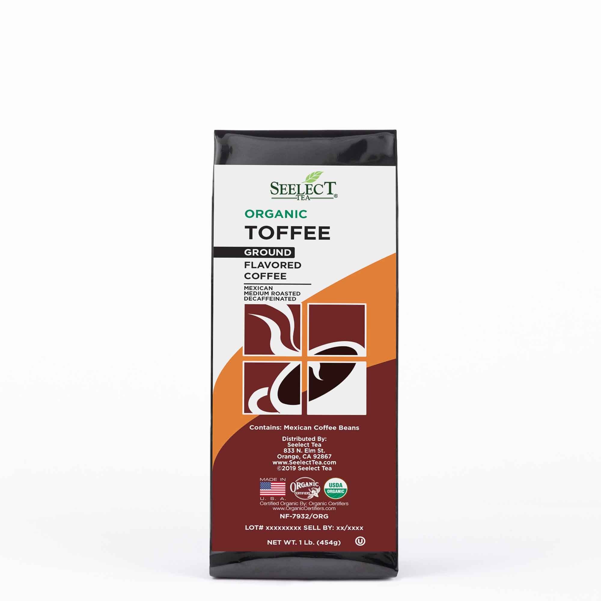 Package of Organic Decaf Toffee Flavored Coffee Beans