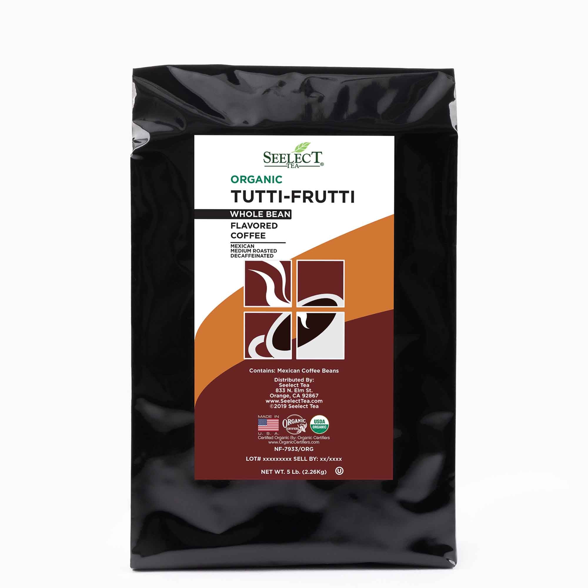 Package of Organic Decaf Tutti-Frutti Flavored Coffee Beans