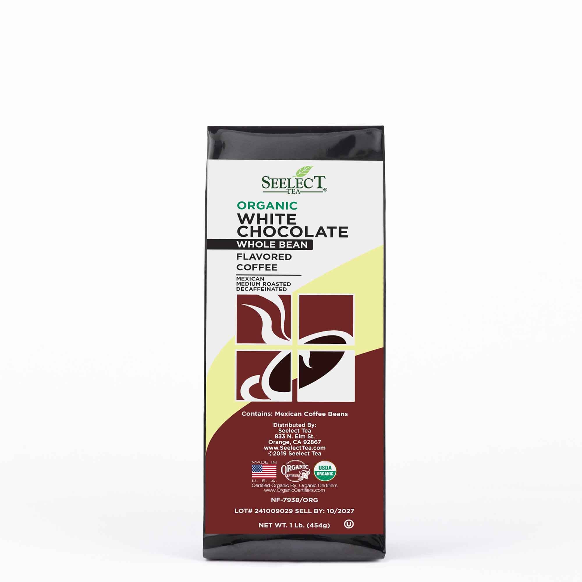 Package of Organic Decaf White Chocolate Flavored Coffee Beans