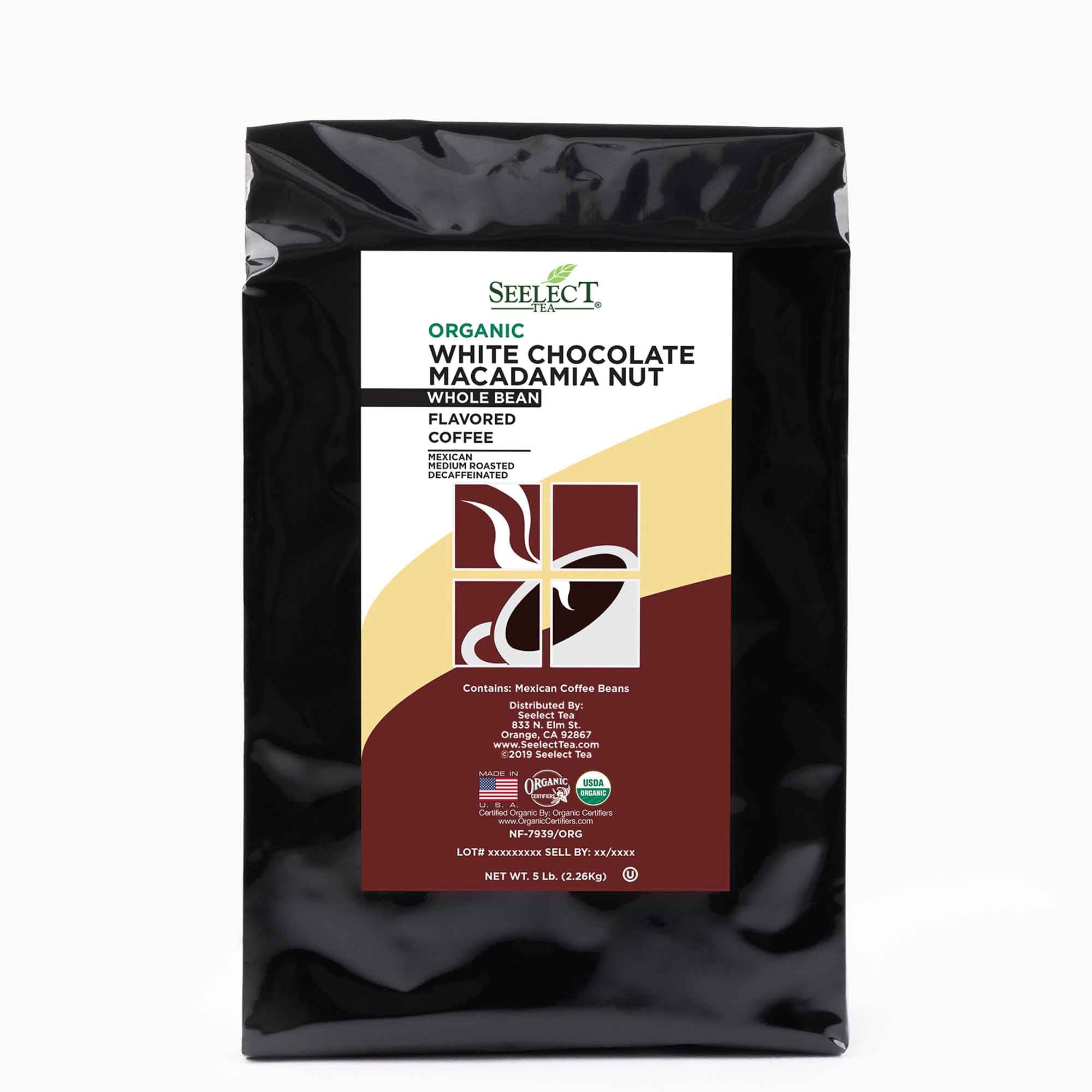 Package of Organic Decaf White Chocolate Macadamia Nut Flavored Coffee Beans
