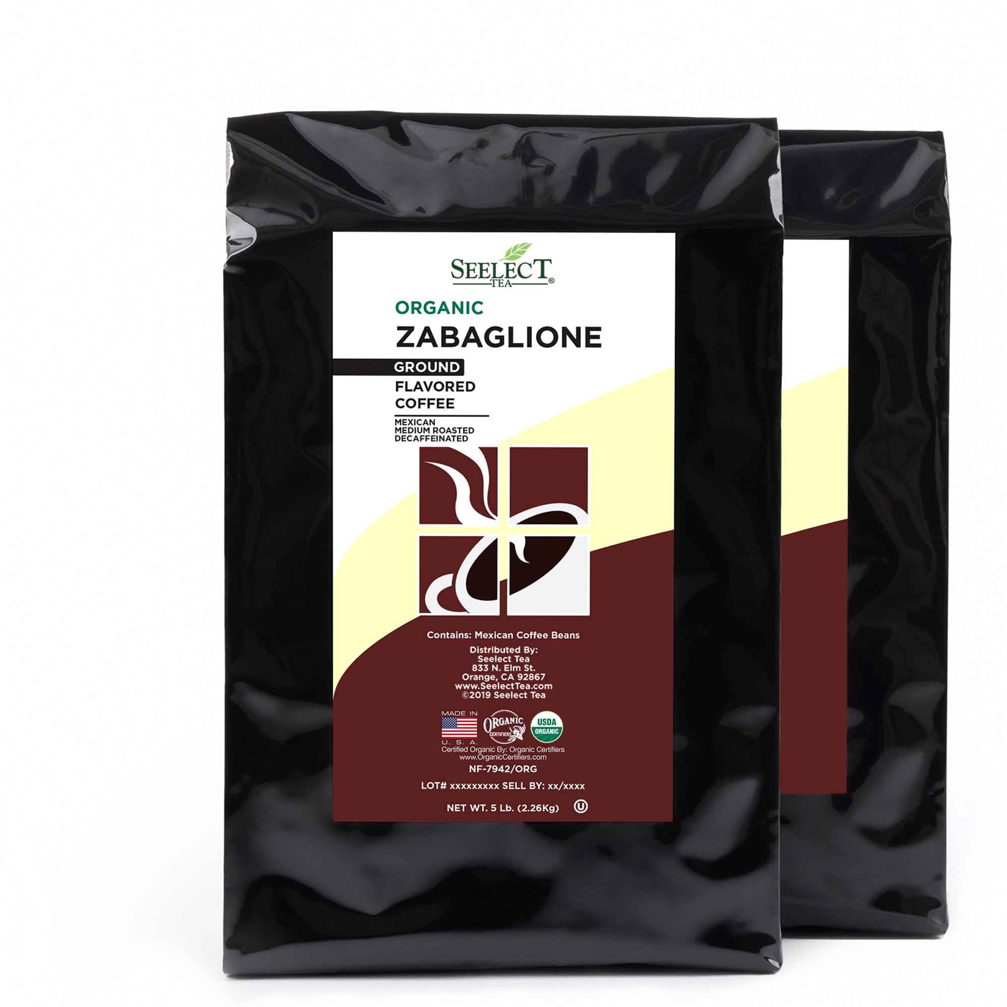 Package of Organic Decaf Zabaglione Flavored Coffee Beans