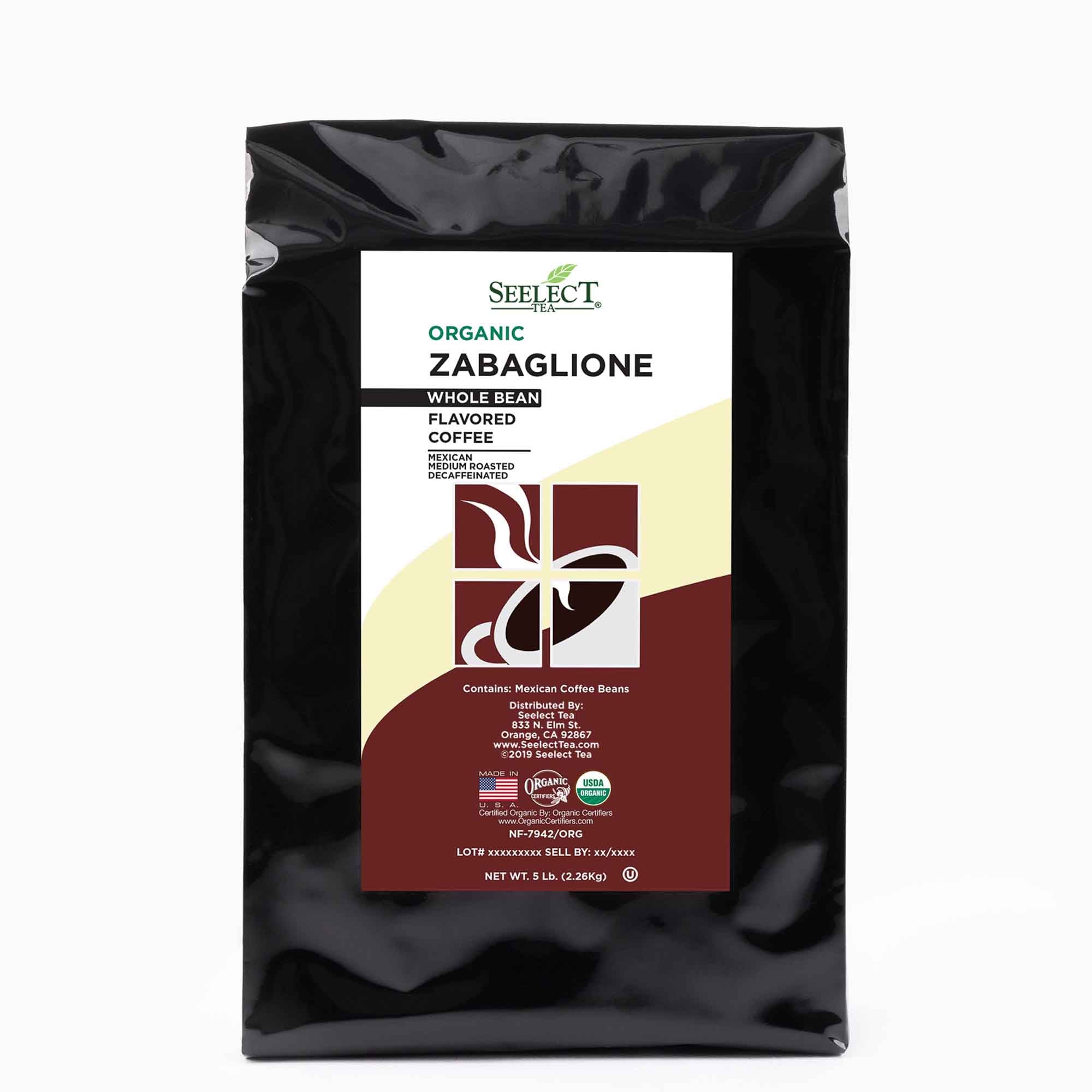 Package of Organic Decaf Zabaglione Flavored Coffee Beans
