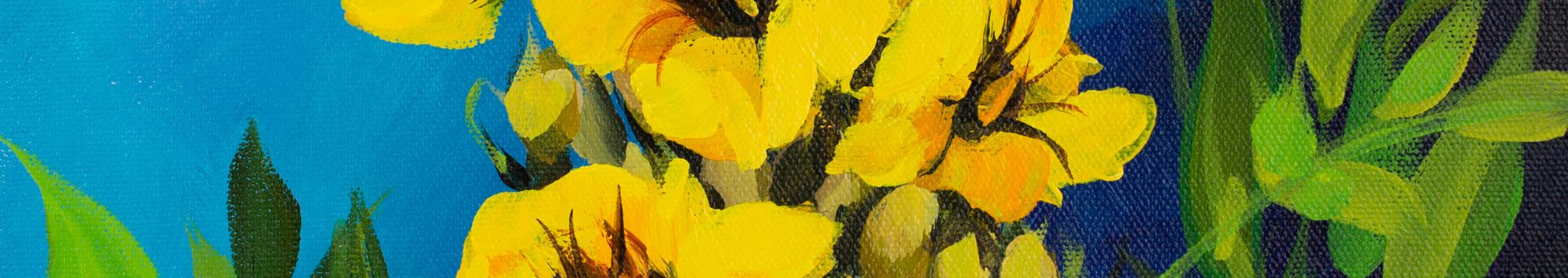 painting of yellow flowers and green leaves on a blue background
